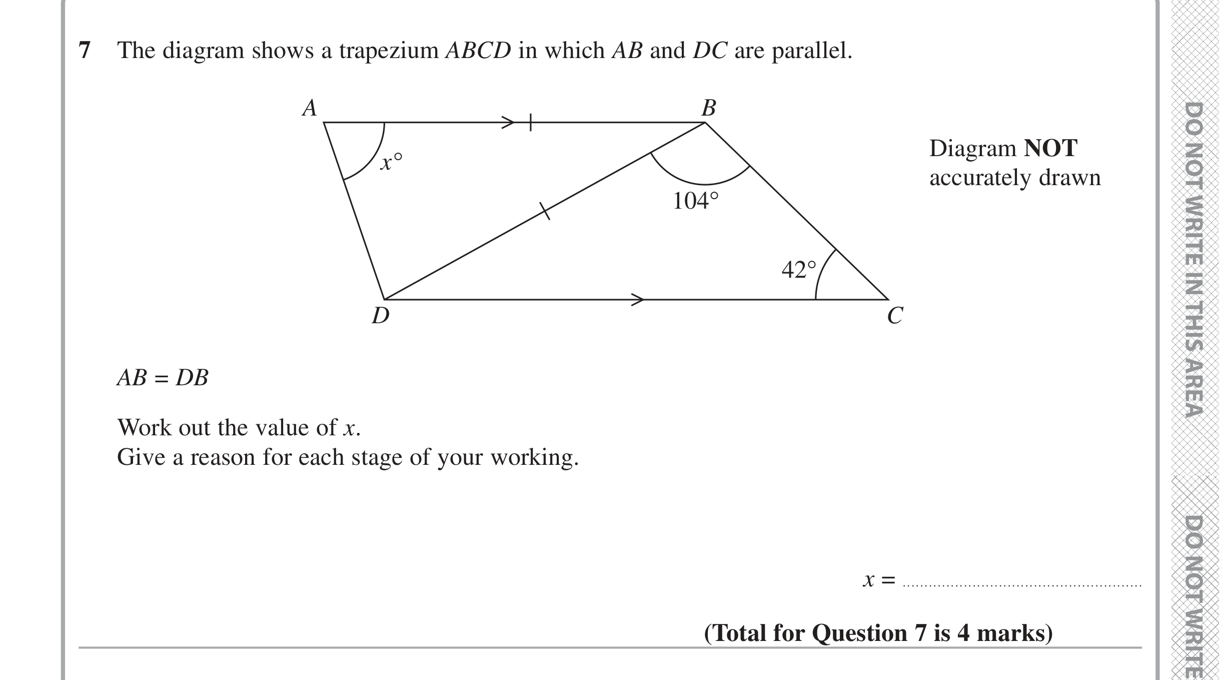 Question 7 — Angles, Angles in Parallel Lines — Edexcel iGCSE June 2020