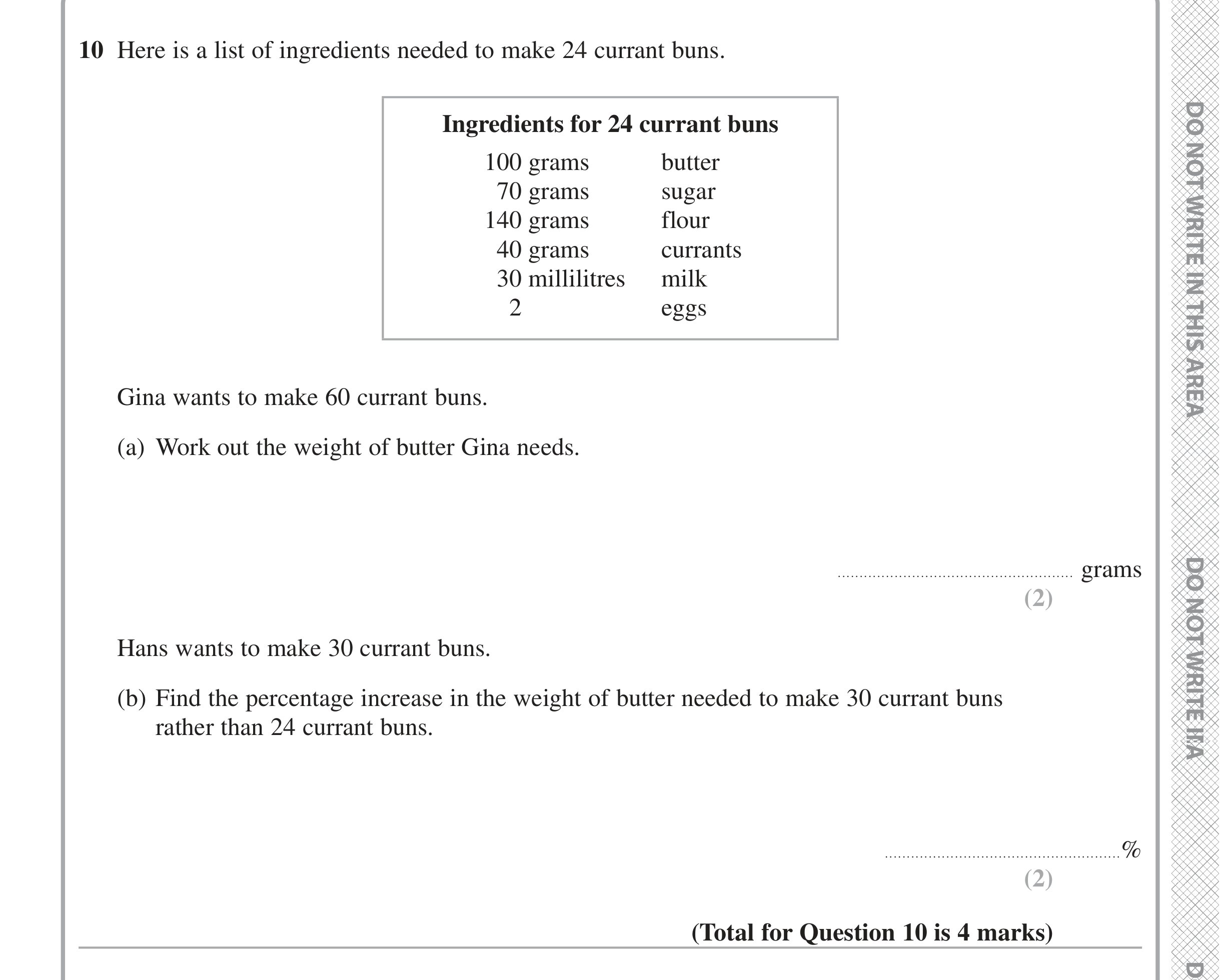 Question 10 — Recipe, Percentages — Edexcel iGCSE Jan 2021