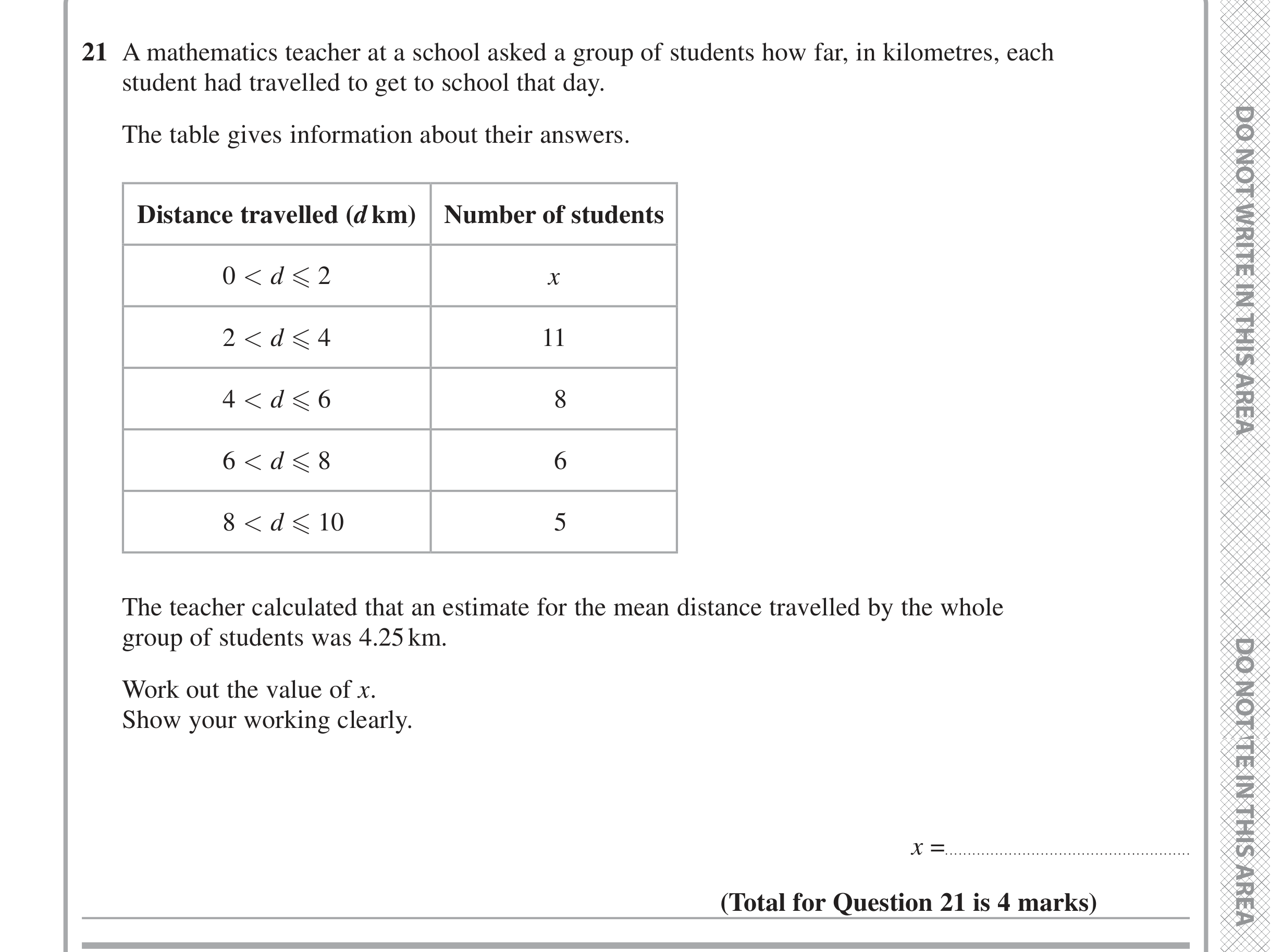 Question 21 — Frequency Tables — Edexcel iGCSE Jan 2021