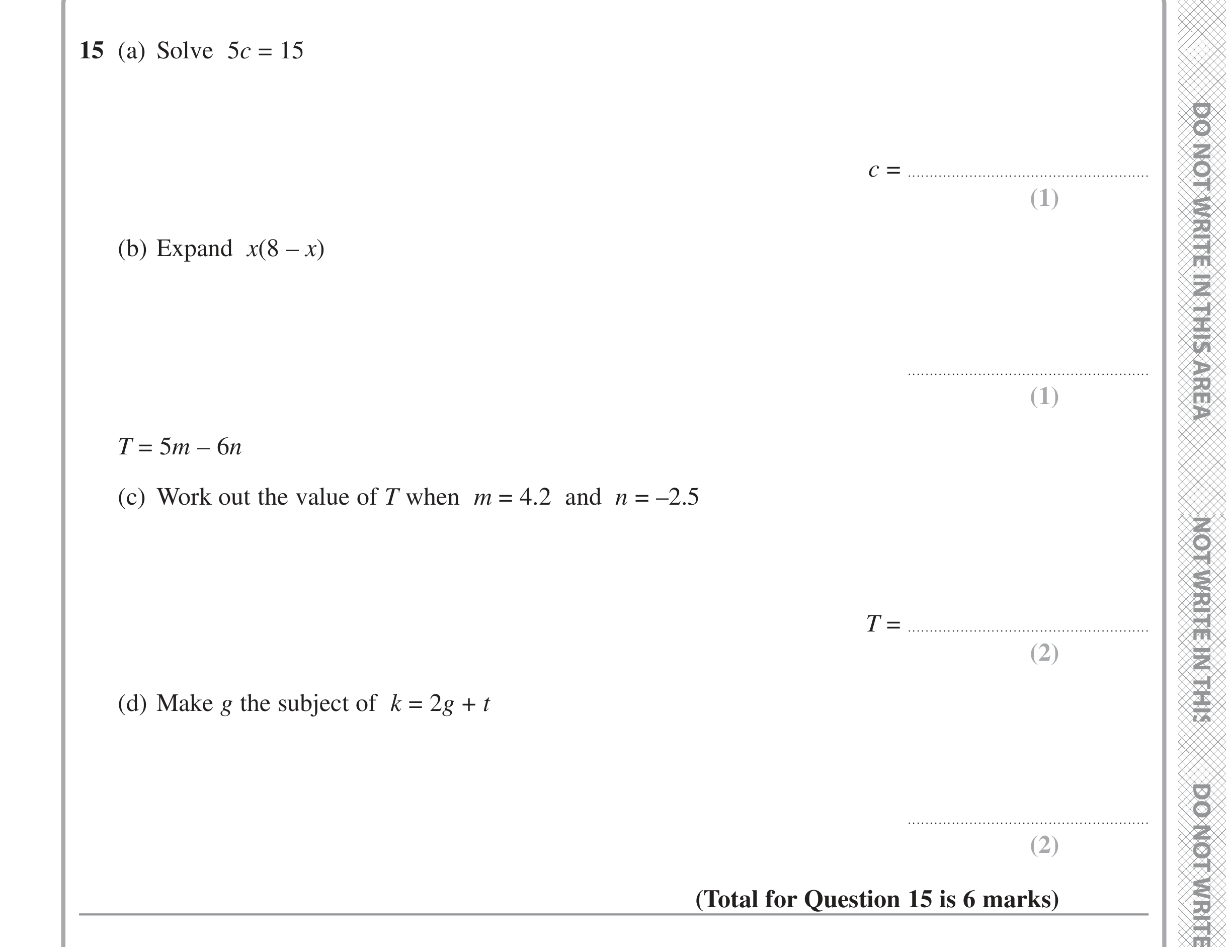 Question 15 — Linear Equations, Factorise/Expand/Simplify, Formulae — Edexcel iGCSE Jan 2022