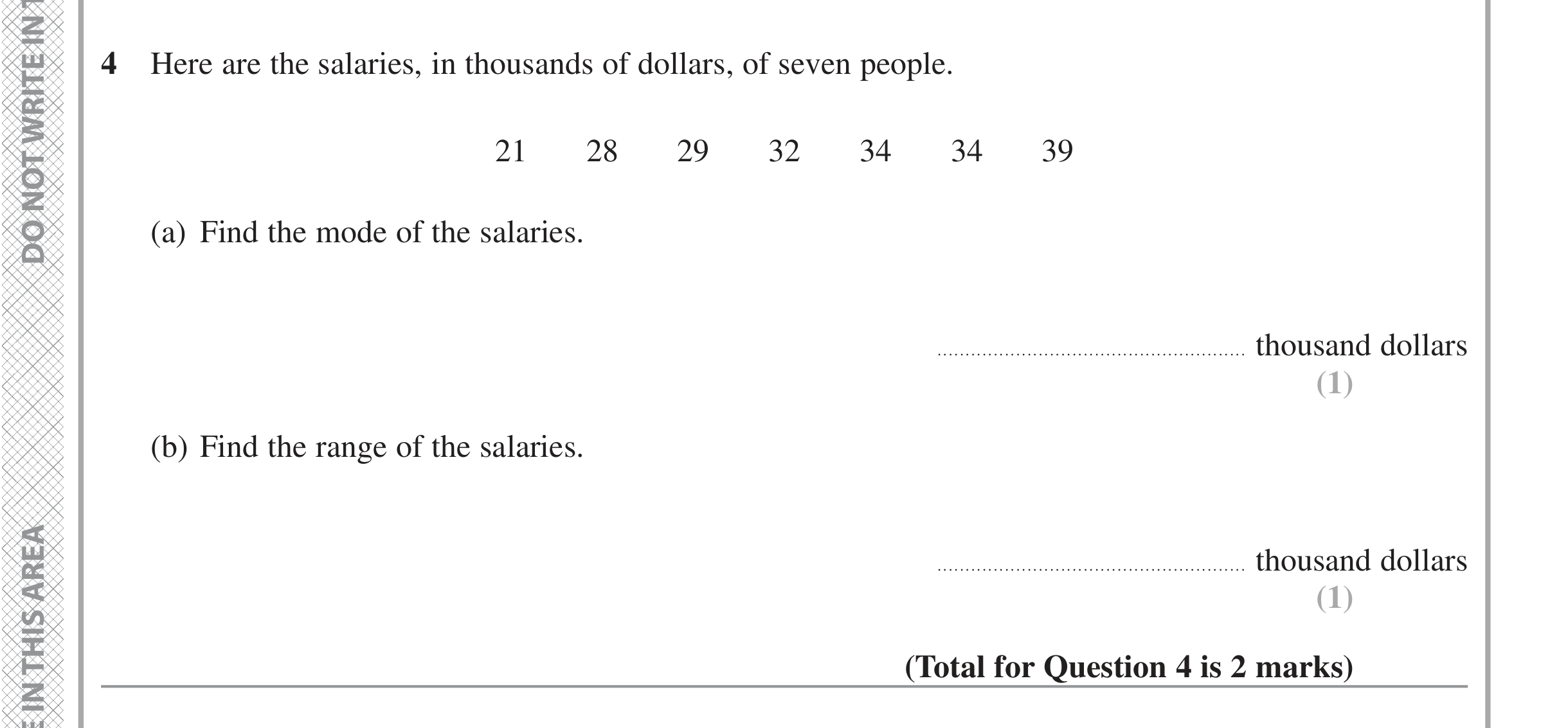 Question 4 — Mean/Median/Mode/Range — Edexcel iGCSE Jan 2022