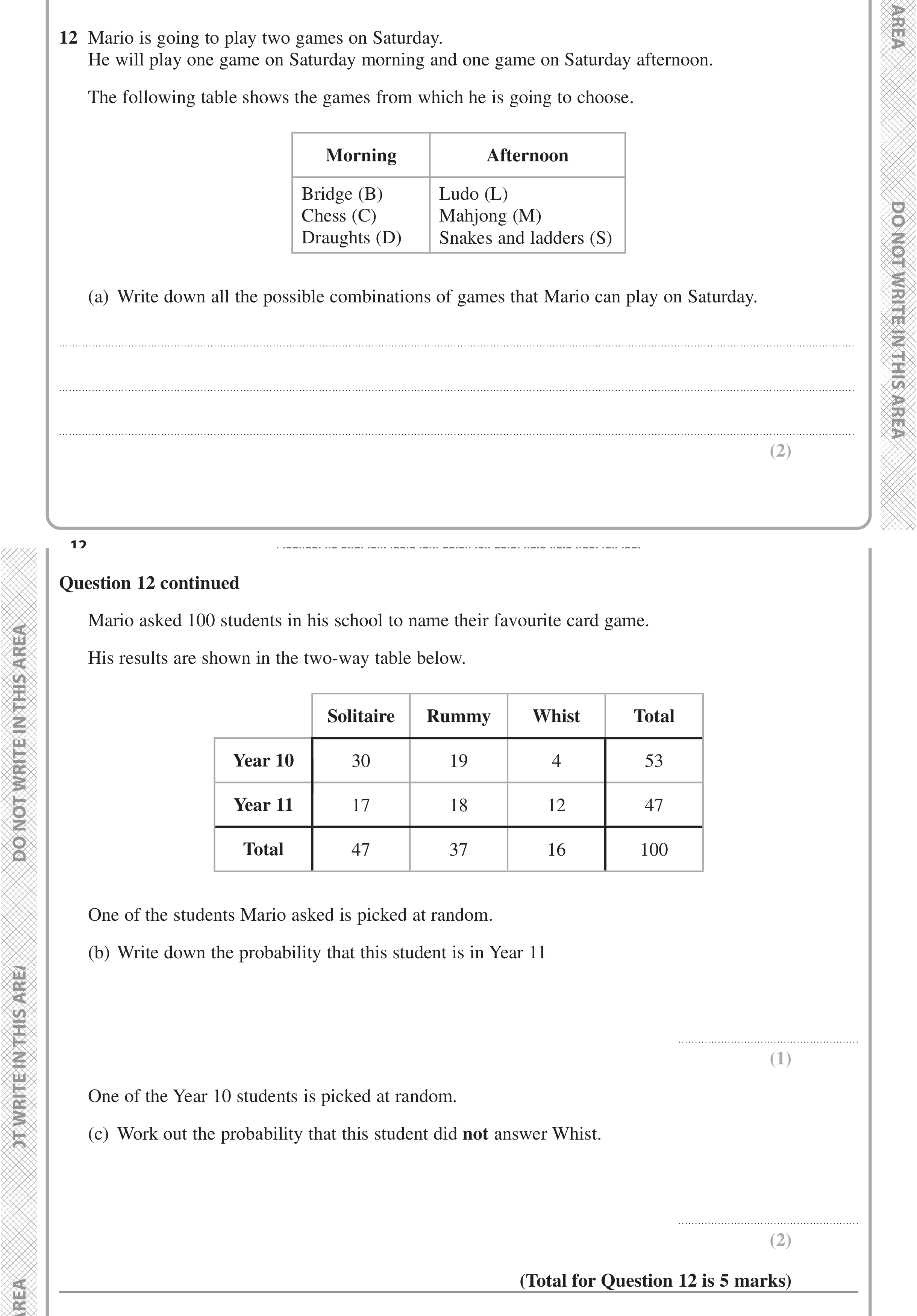 Question 12 — Probability, Two Way Table — Edexcel iGCSE June 2022