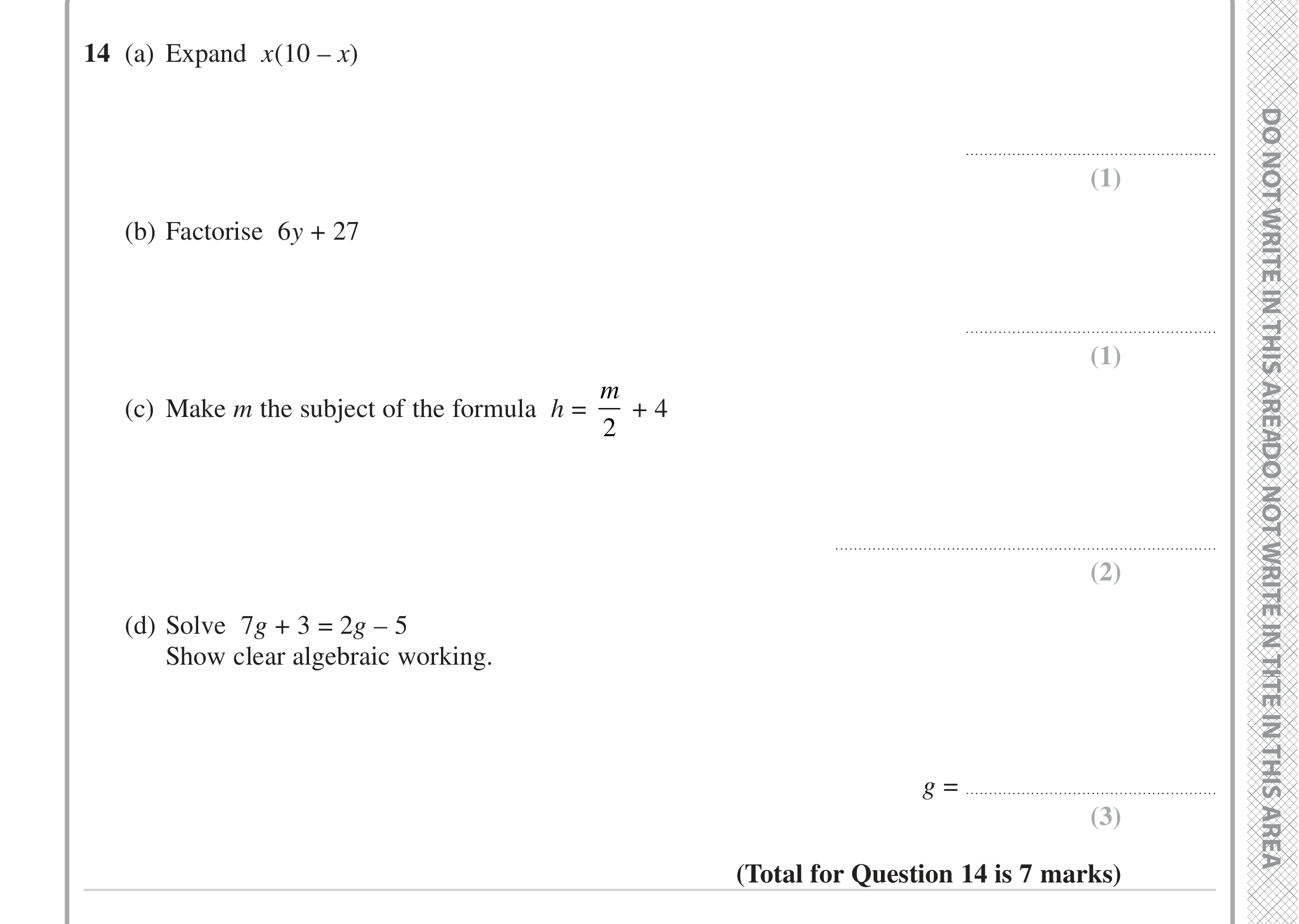 Question 14 — Factorise/Expand/Simplify, Formulae, Linear Equations — Edexcel iGCSE Jan 2023
