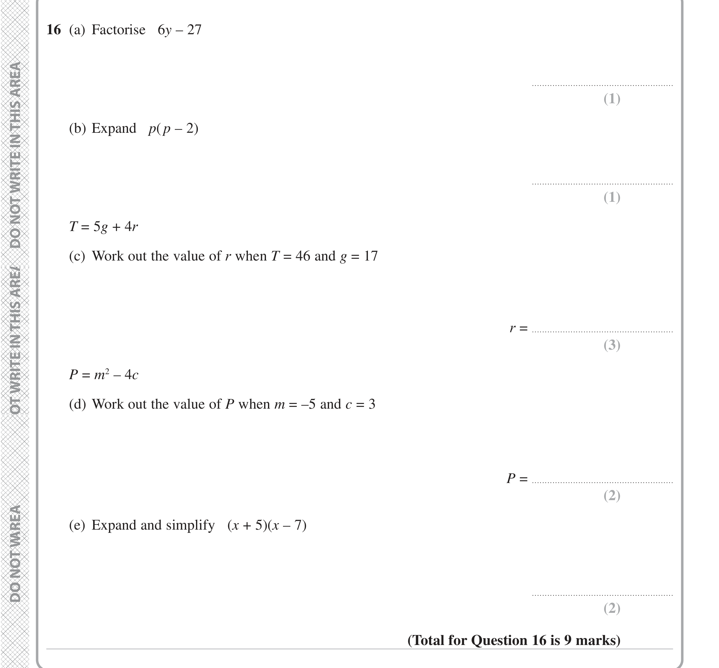 Question 16 — Factorise/Expand/Simplify, Formulae — Edexcel iGCSE June 2023
