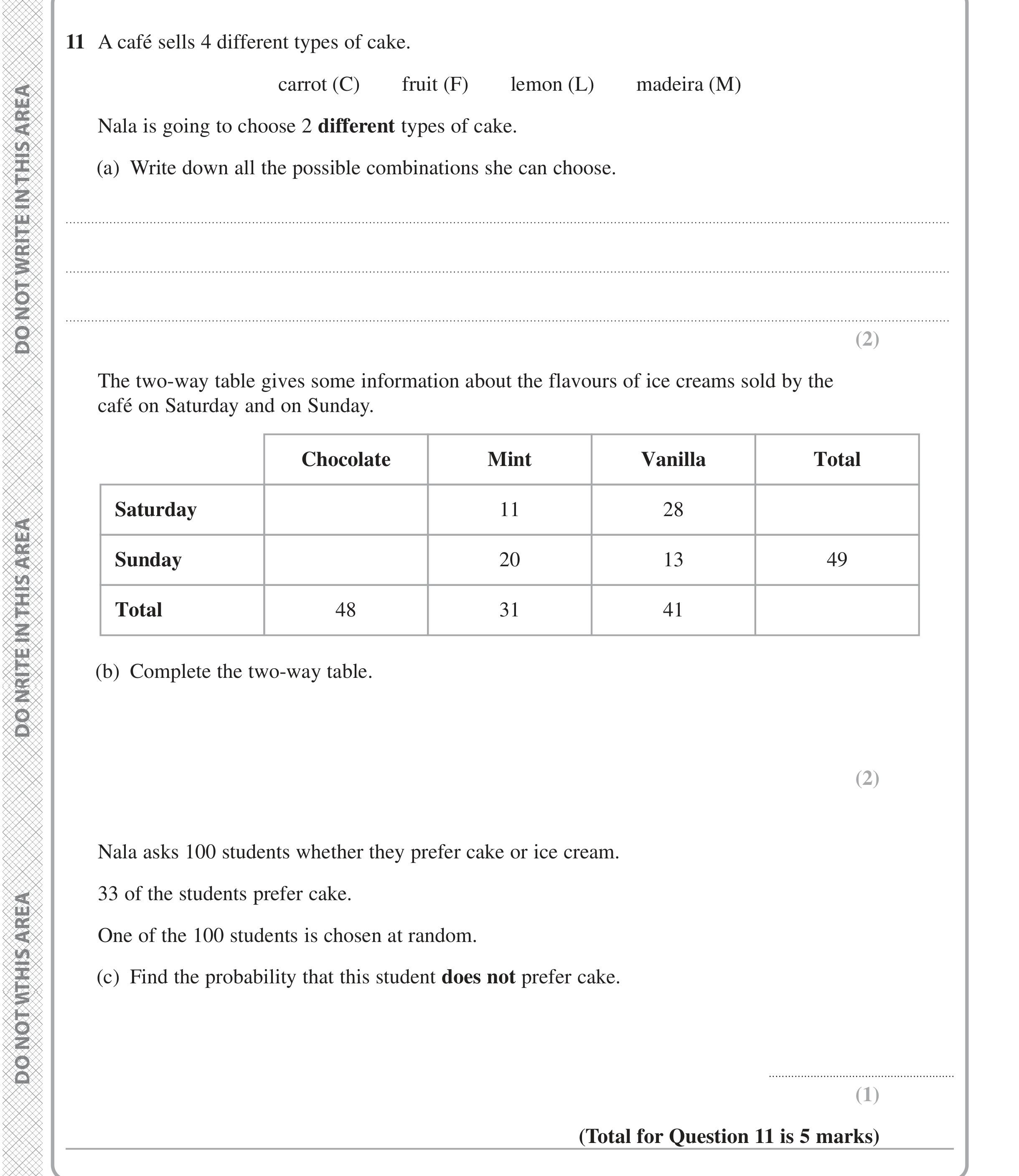 Question 11 — Probability, Two Way Table — Edexcel iGCSE June 2024