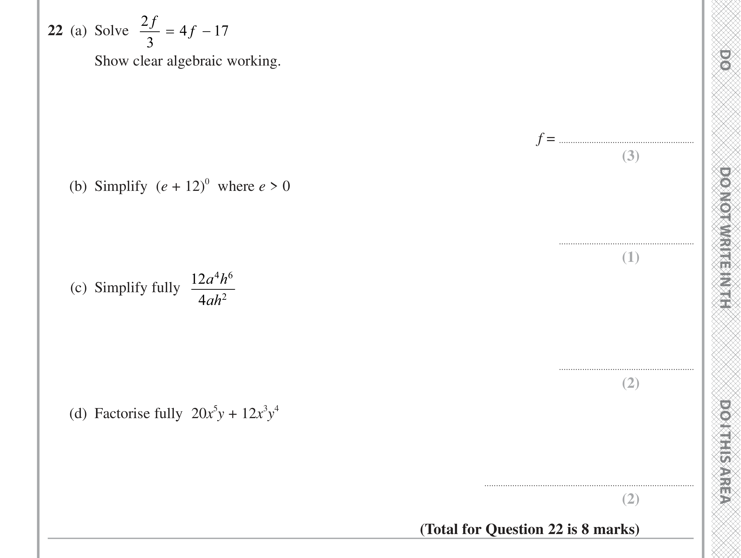 Question 22 — Linear Equations, Powers, Factorise/Expand/Simplify — Edexcel iGCSE June 2024