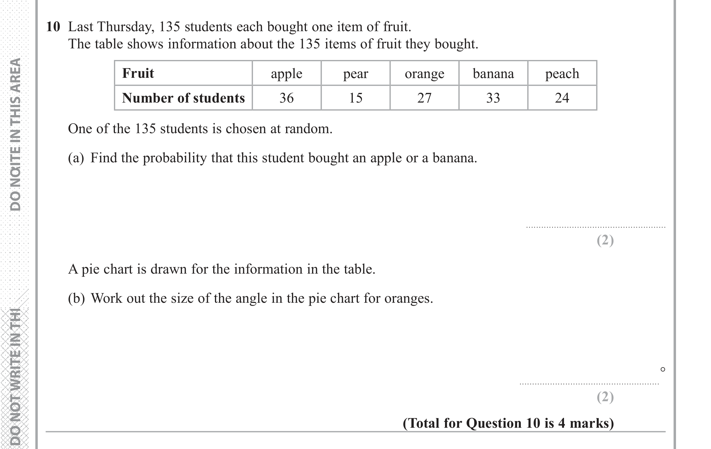 Question 10 — Probability, Pie Chart — Edexcel iGCSE June 2018