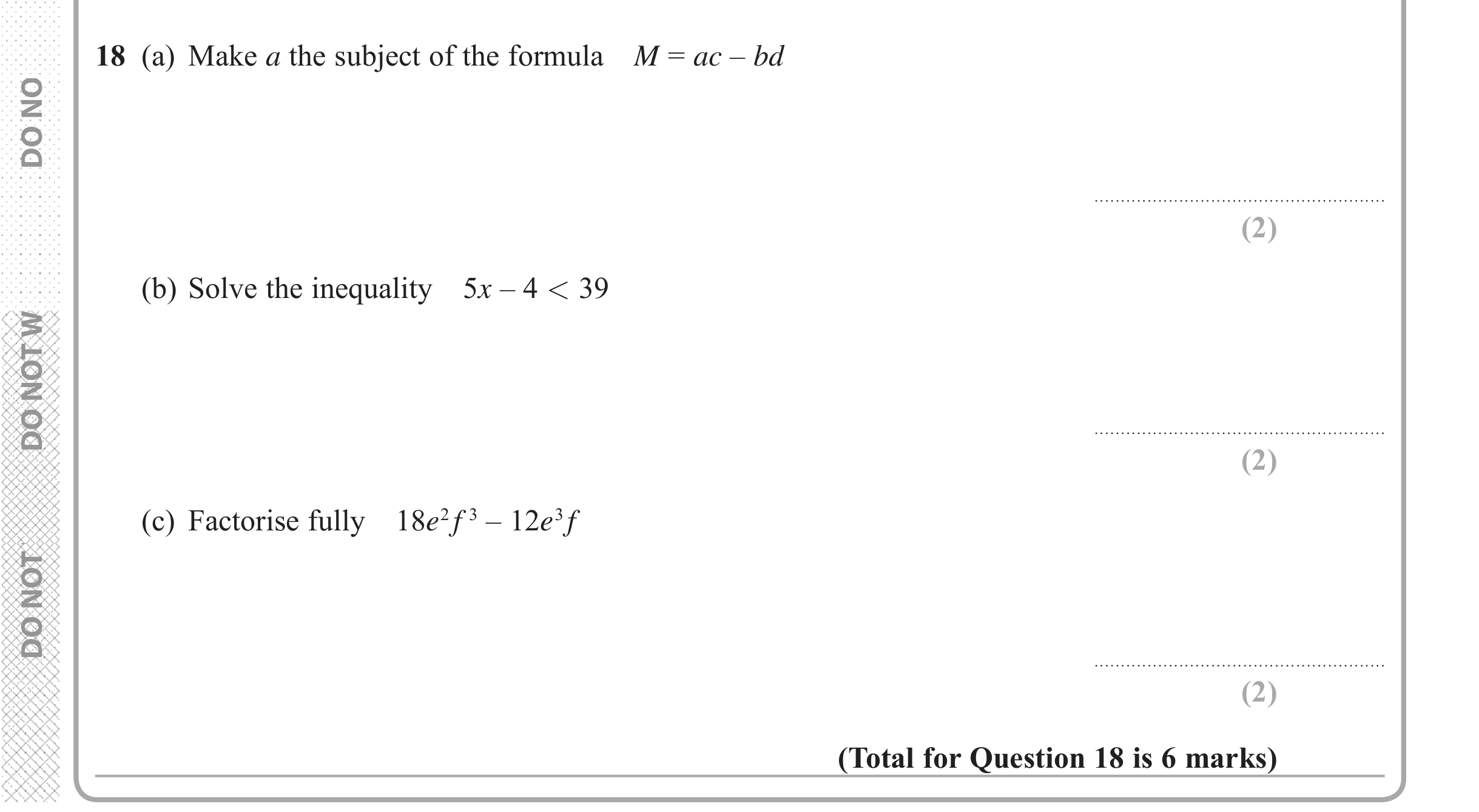 Question 18 — Formulae, Inequalities, Factorise/Expand/Simplify — Edexcel iGCSE June 2018