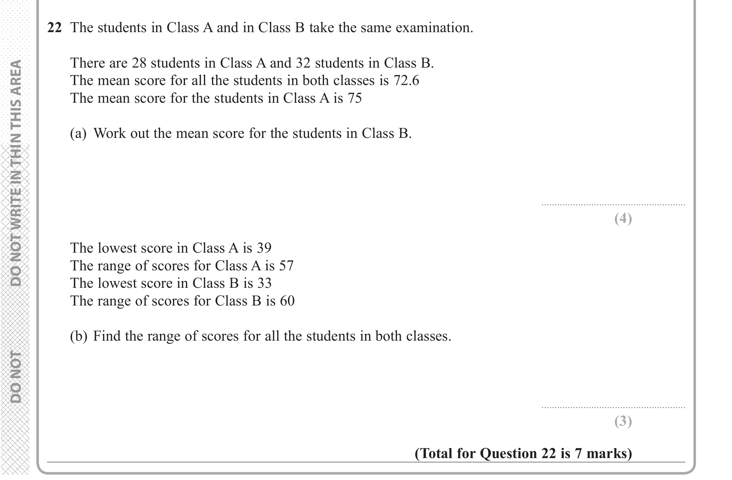 Question 22 — Mean/Median/Mode/Range — Edexcel iGCSE June 2018