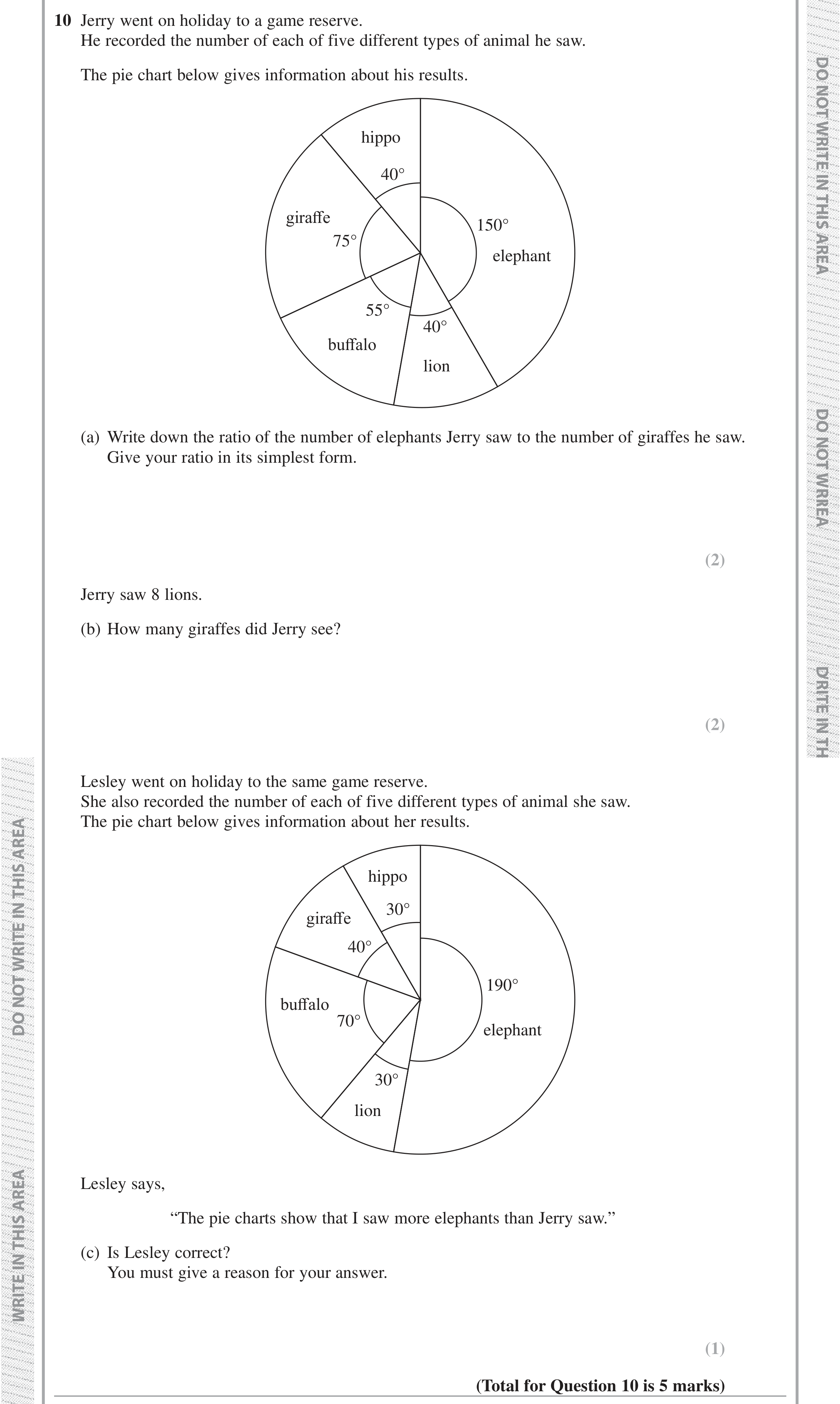Question 10 — Pie Chart, Ratios — Edexcel iGCSE Jan 2019