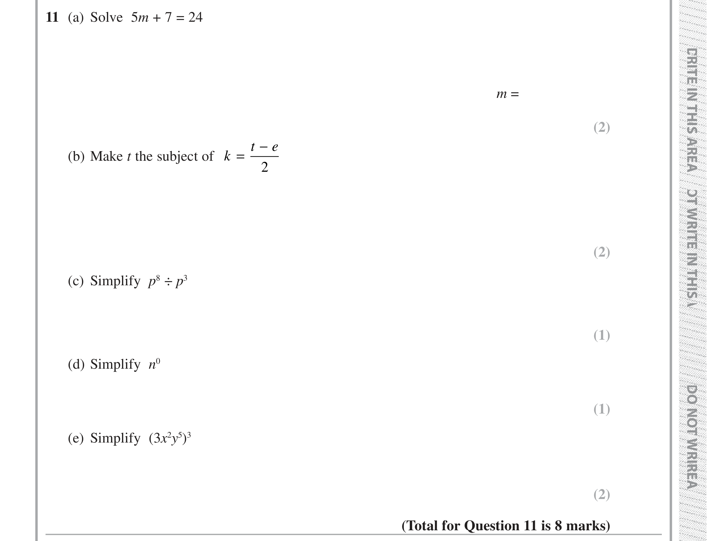 Question 11 — Linear Equations, Formulae, Powers — Edexcel iGCSE Jan 2019