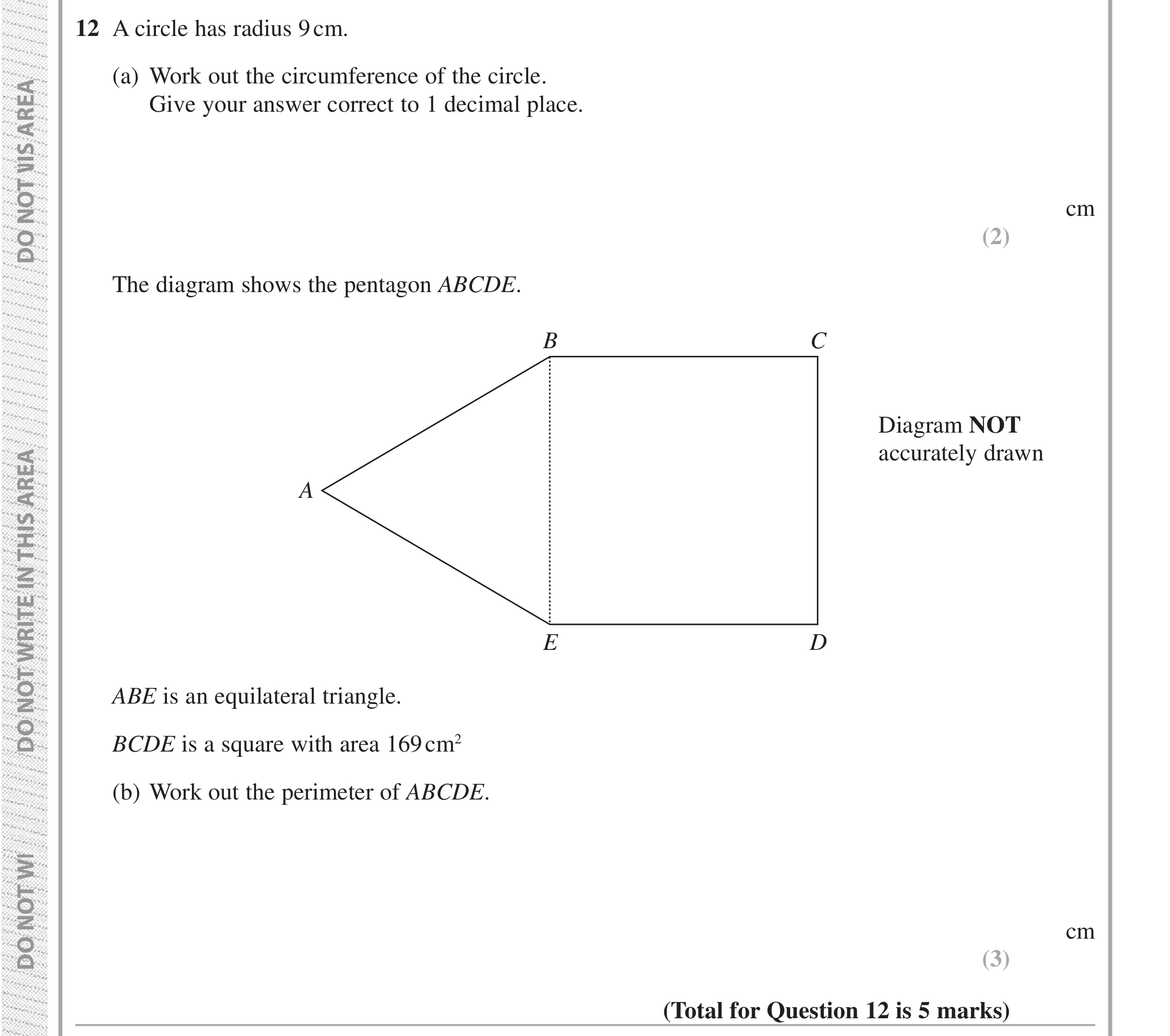Question 12 — Perimeter and Area, Circles — Edexcel iGCSE Jan 2019