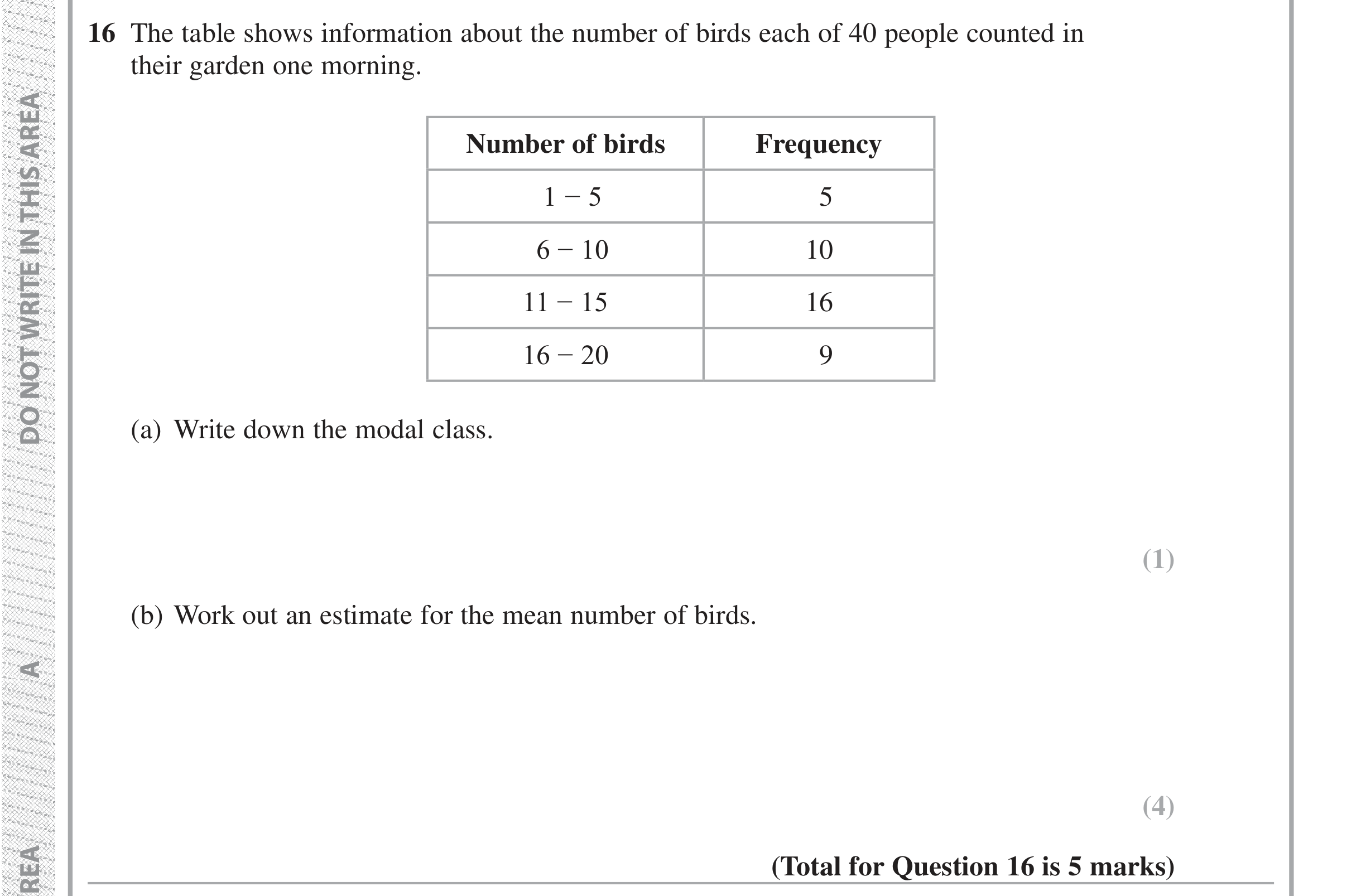 Question 16 — Frequency Tables — Edexcel iGCSE Jan 2019