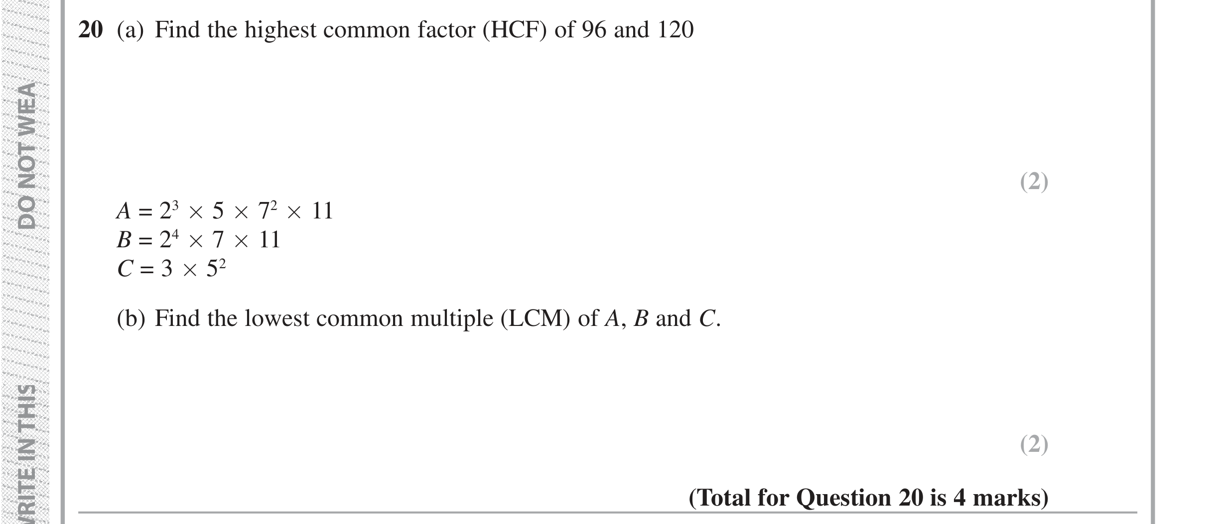 Question 20 — HCF and LCM — Edexcel iGCSE Jan 2019