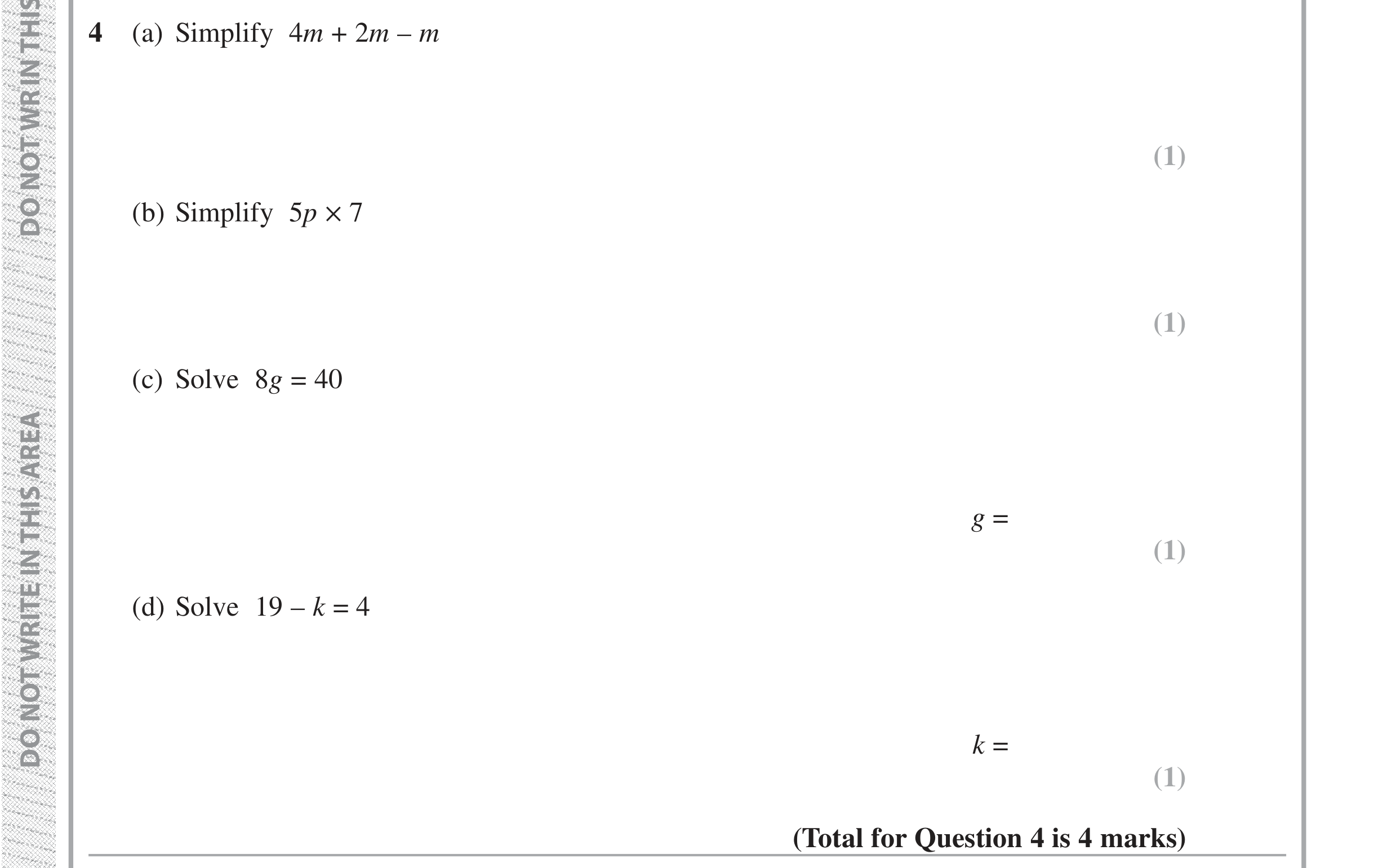 Question 4 — Factorise/Expand/Simplify, Linear Equations — Edexcel iGCSE Jan 2019