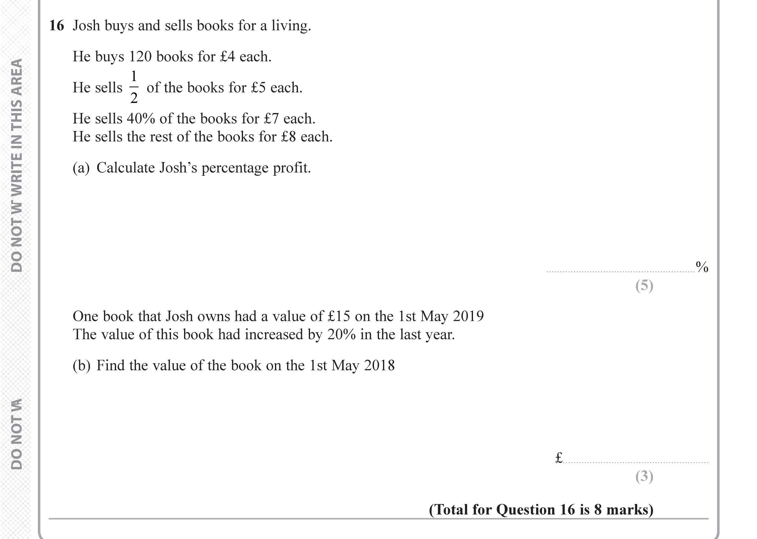 Question 16 — Percentages — Edexcel iGCSE June 2019