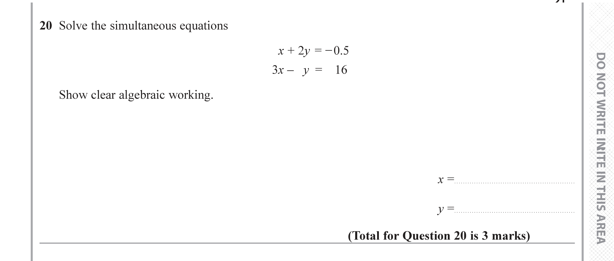 Question 20 — Simultaneous Equations — Edexcel iGCSE June 2019