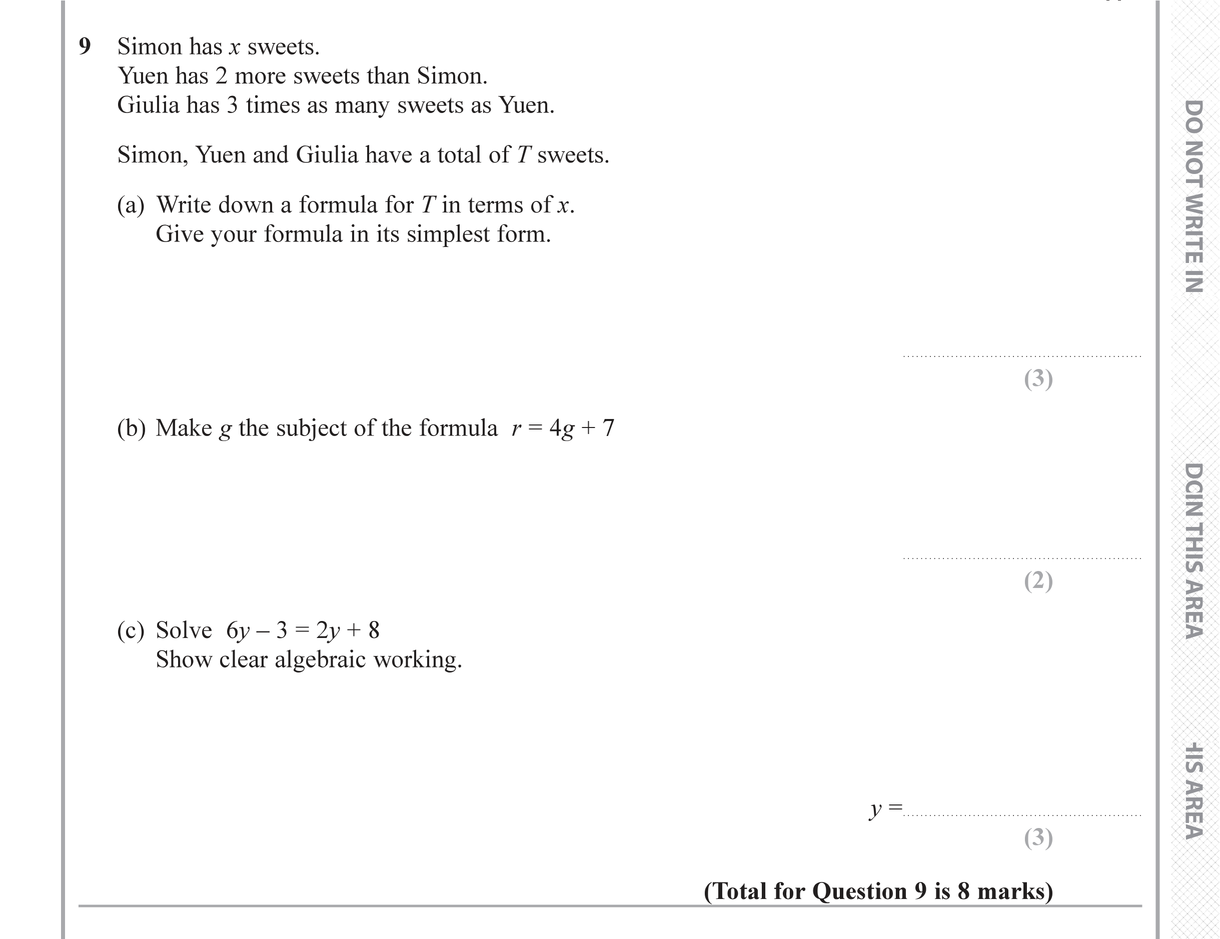 Question 9 — Formulae, Linear Equations — Edexcel iGCSE June 2019