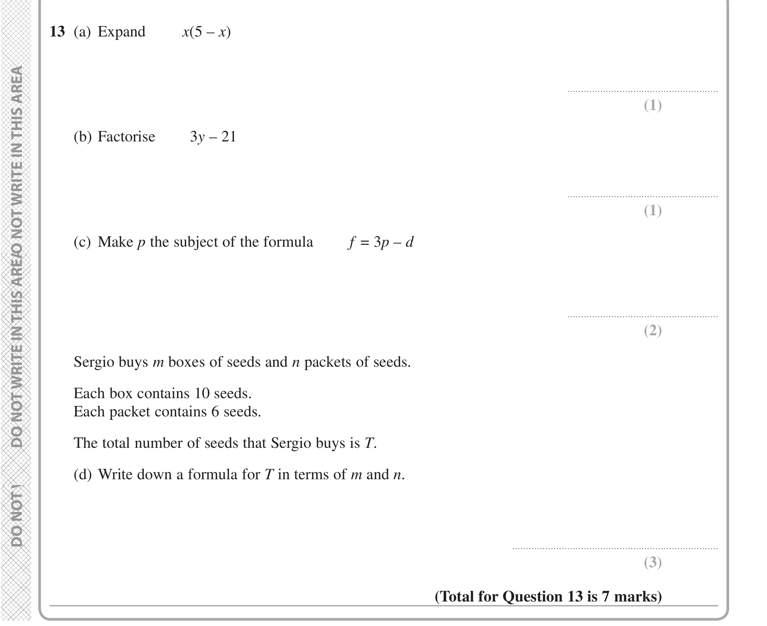 Question 13 — Factorise/Expand/Simplify, Factorise/Expand/Simplify, Formulae — Edexcel iGCSE Jan 2020