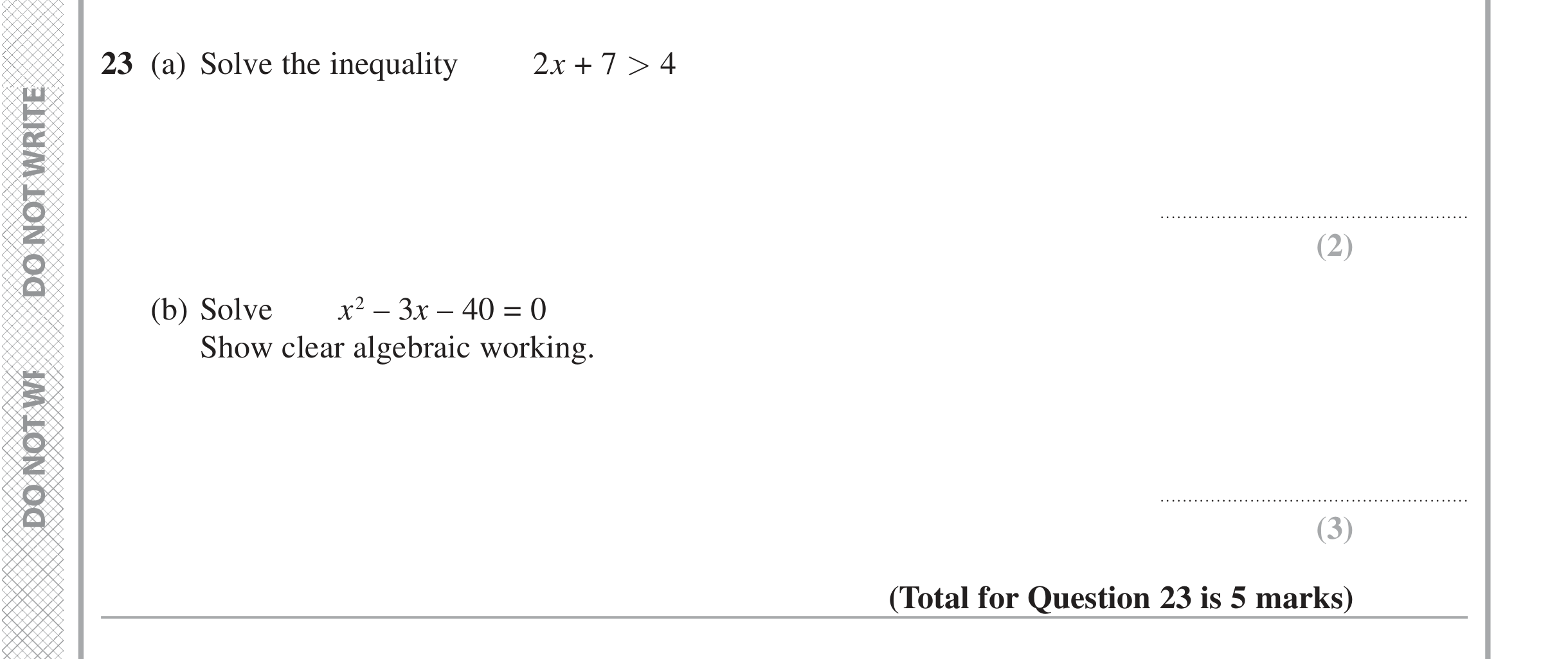 Question 23 — Inequalities, Quadratic Equations — Edexcel iGCSE Jan 2020