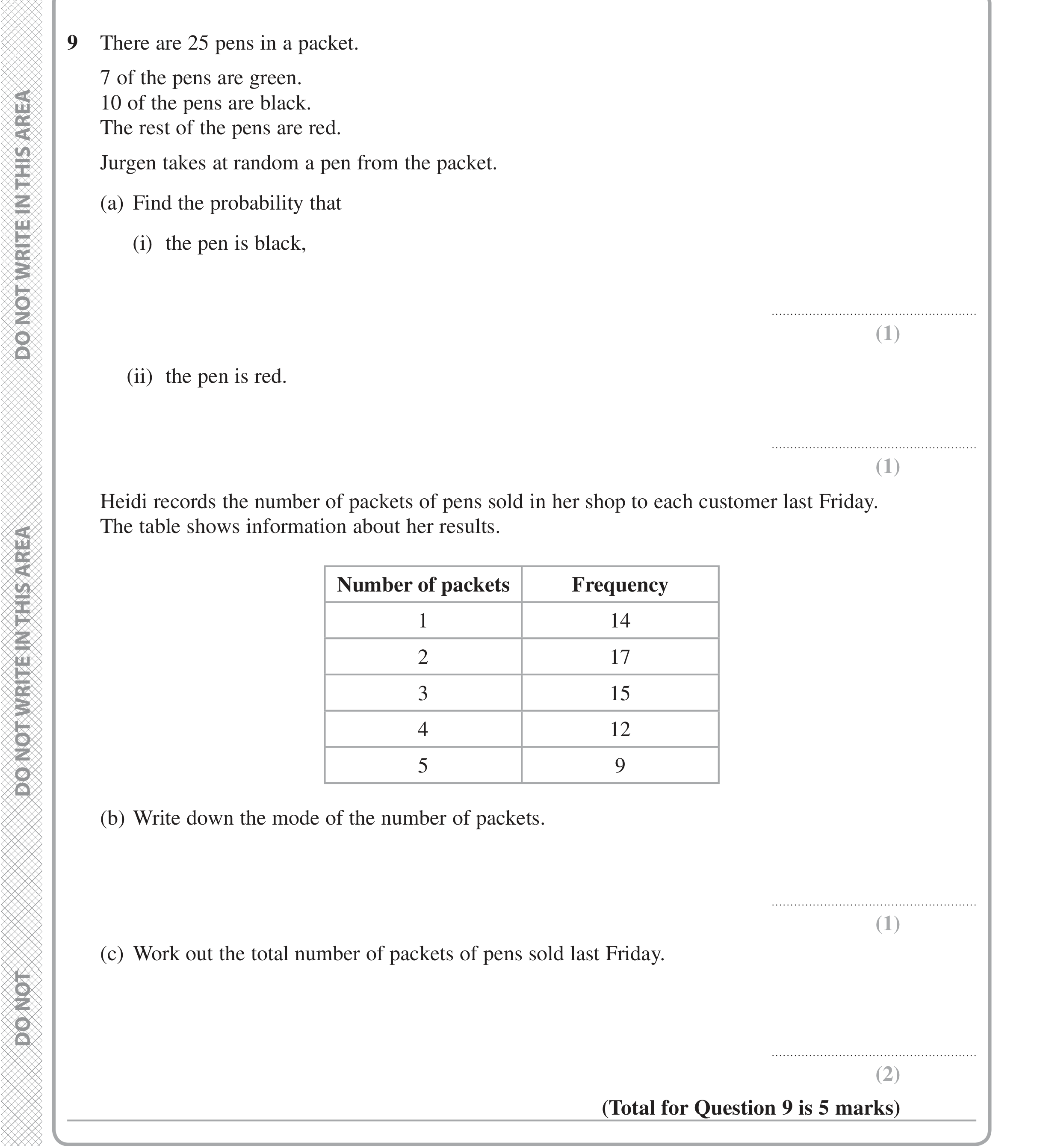 Question 9 — Probability, Frequency Tables — Edexcel iGCSE Jan 2020