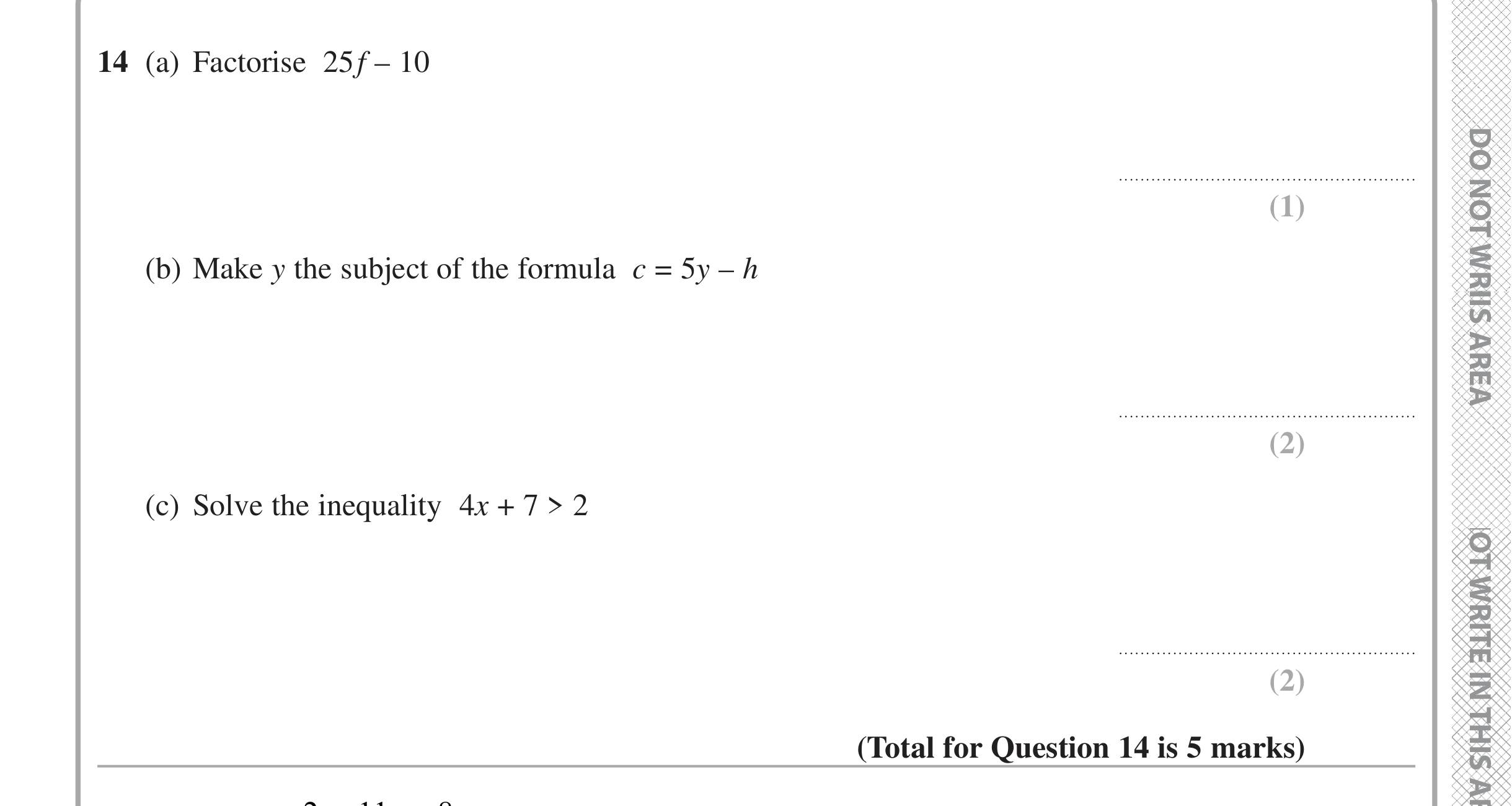 Question 14 — Factorise/Expand/Simplify, Formulae, Inequalities — Edexcel iGCSE June 2020