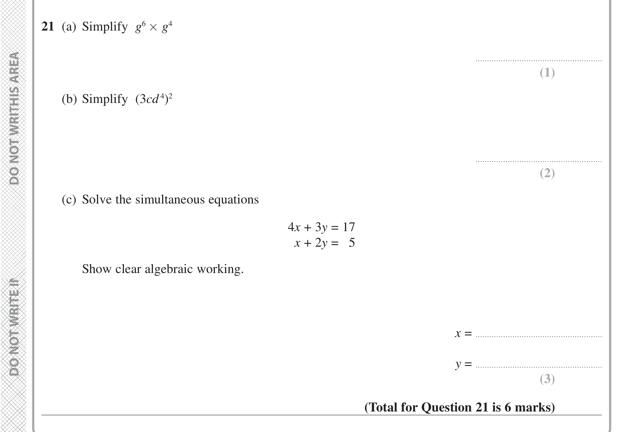 Question 21 — Powers, Simultaneous Equations — Edexcel iGCSE June 2020