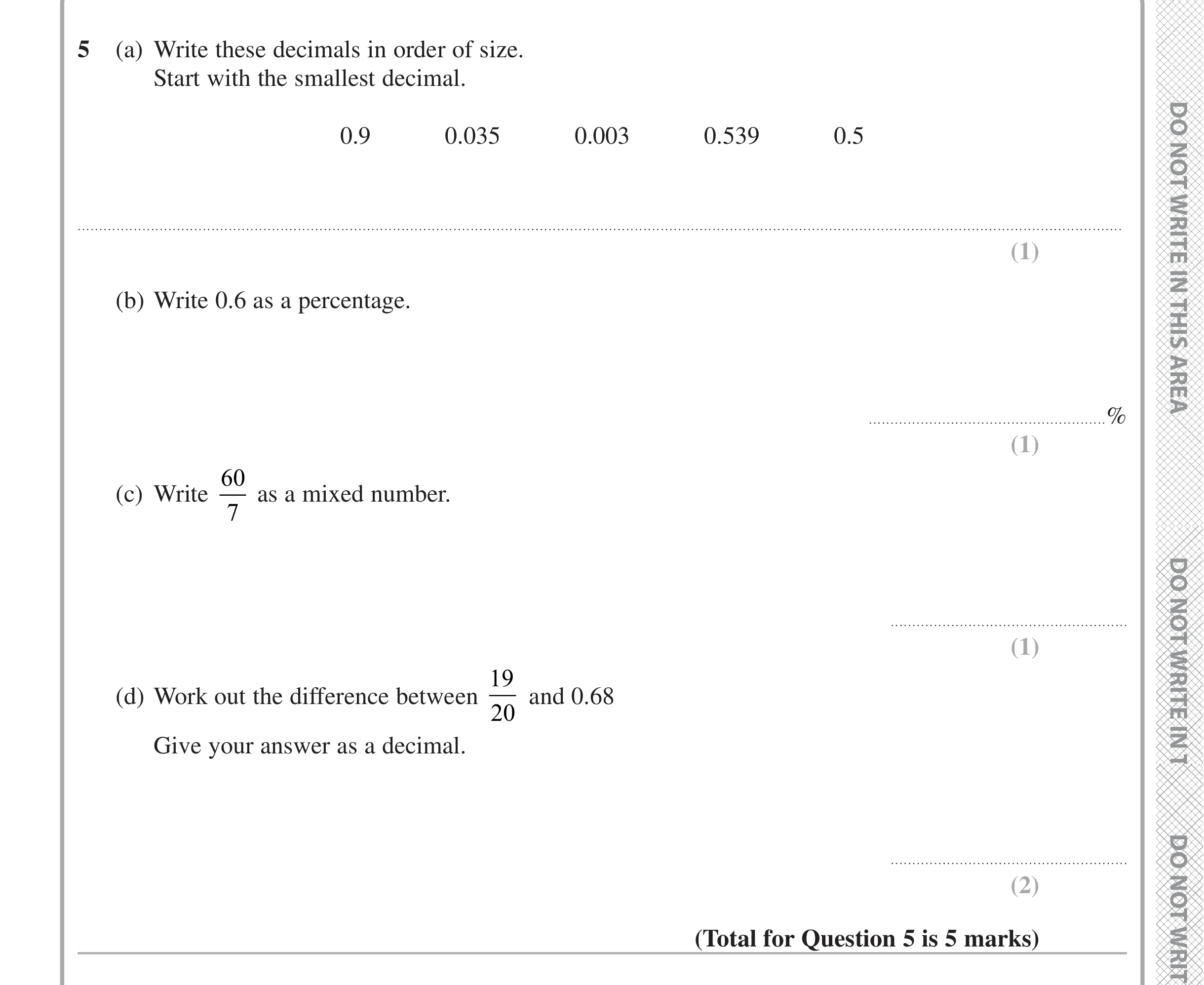 Question 5 — Decimals, Percentages, Fractions — Edexcel iGCSE June 2020