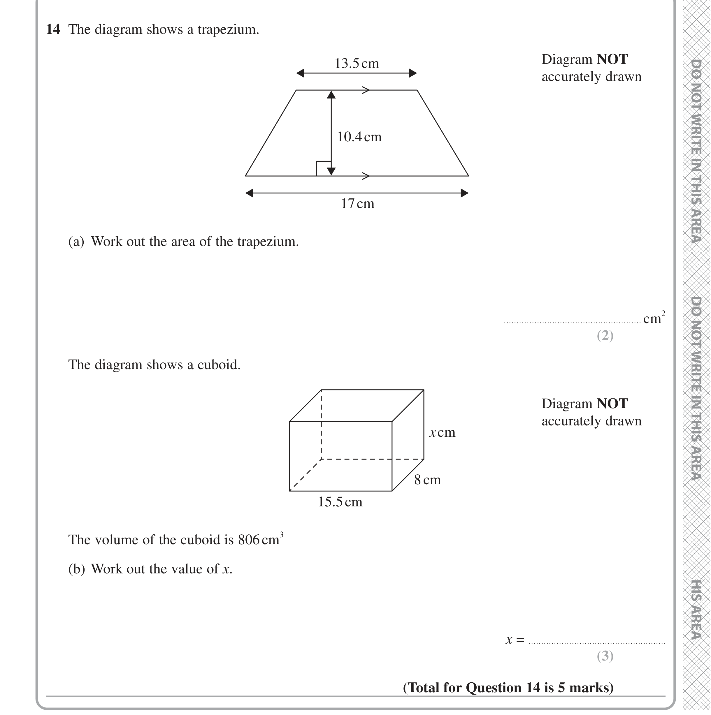 Question 14 — Perimeter and Area, 3D Shapes and Volume — Edexcel iGCSE Jan 2021