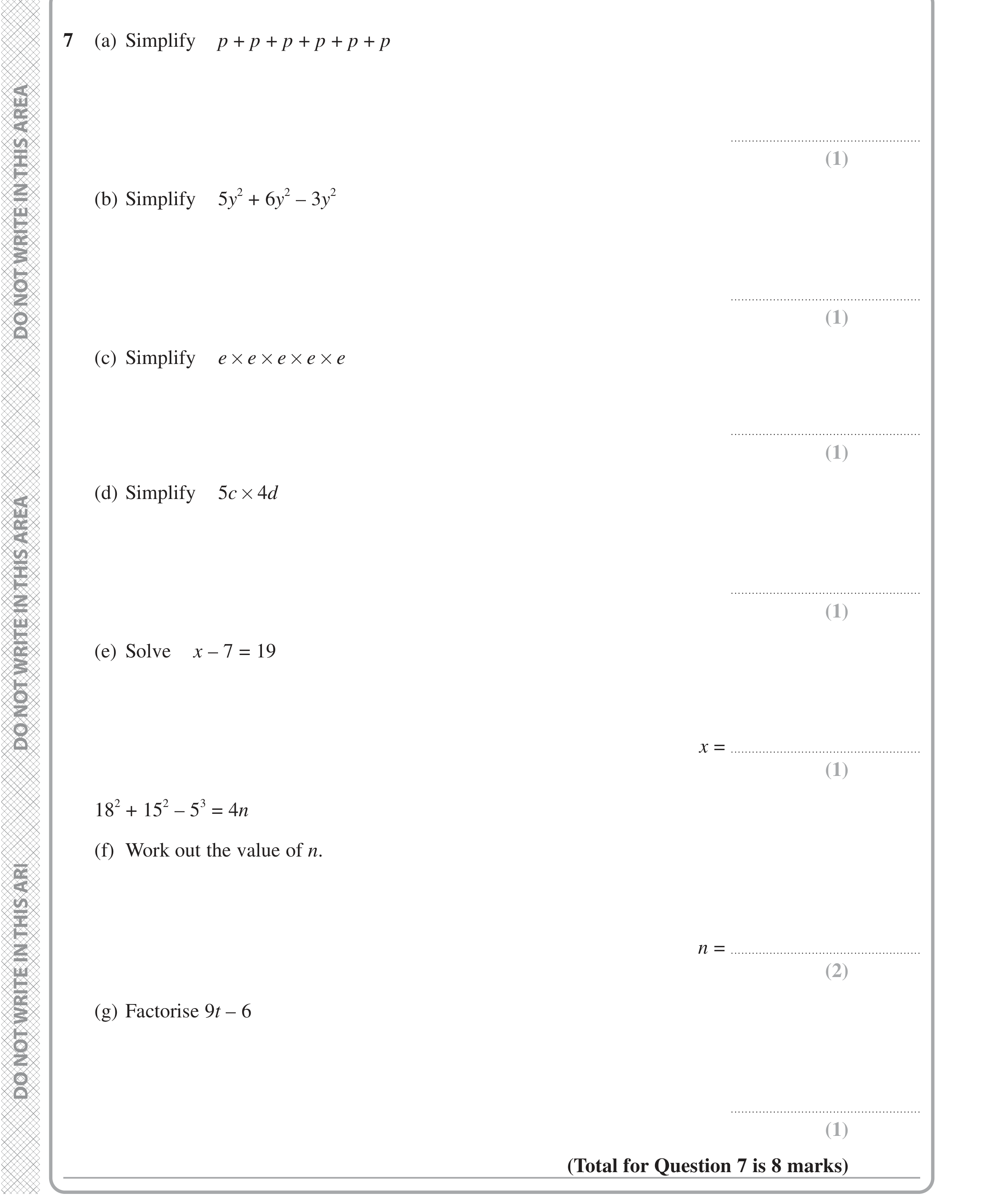 Question 7 — Factorise/Expand/Simplify, Powers, Linear Equations — Edexcel iGCSE Jan 2021