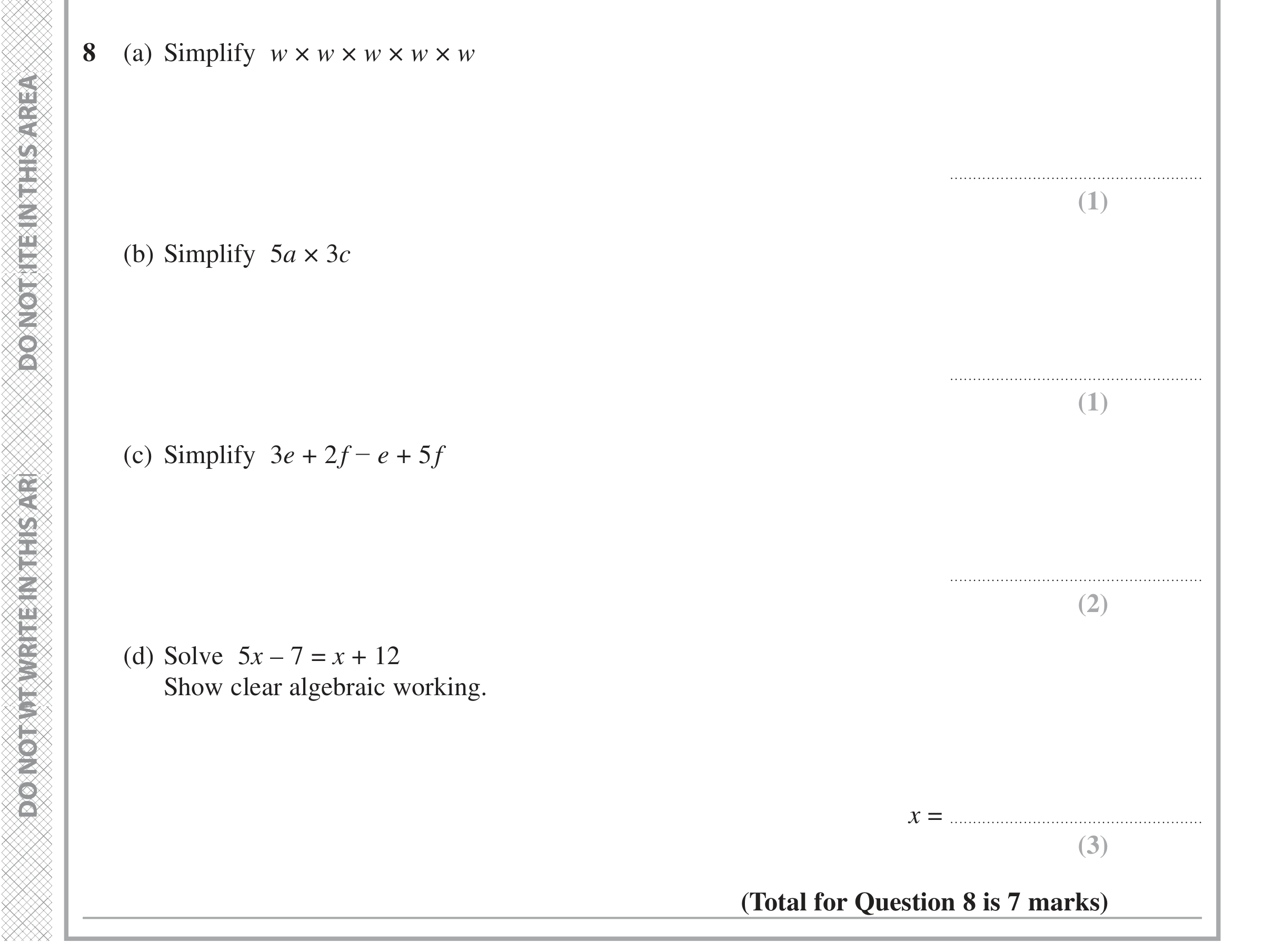 Question 8 — Powers, Factorise/Expand/Simplify, Linear Equations — Edexcel iGCSE June 2021