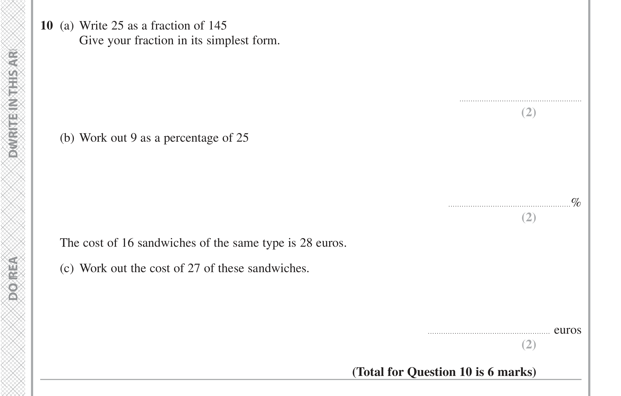Question 10 — Fractions, Percentages — Edexcel iGCSE November 2021