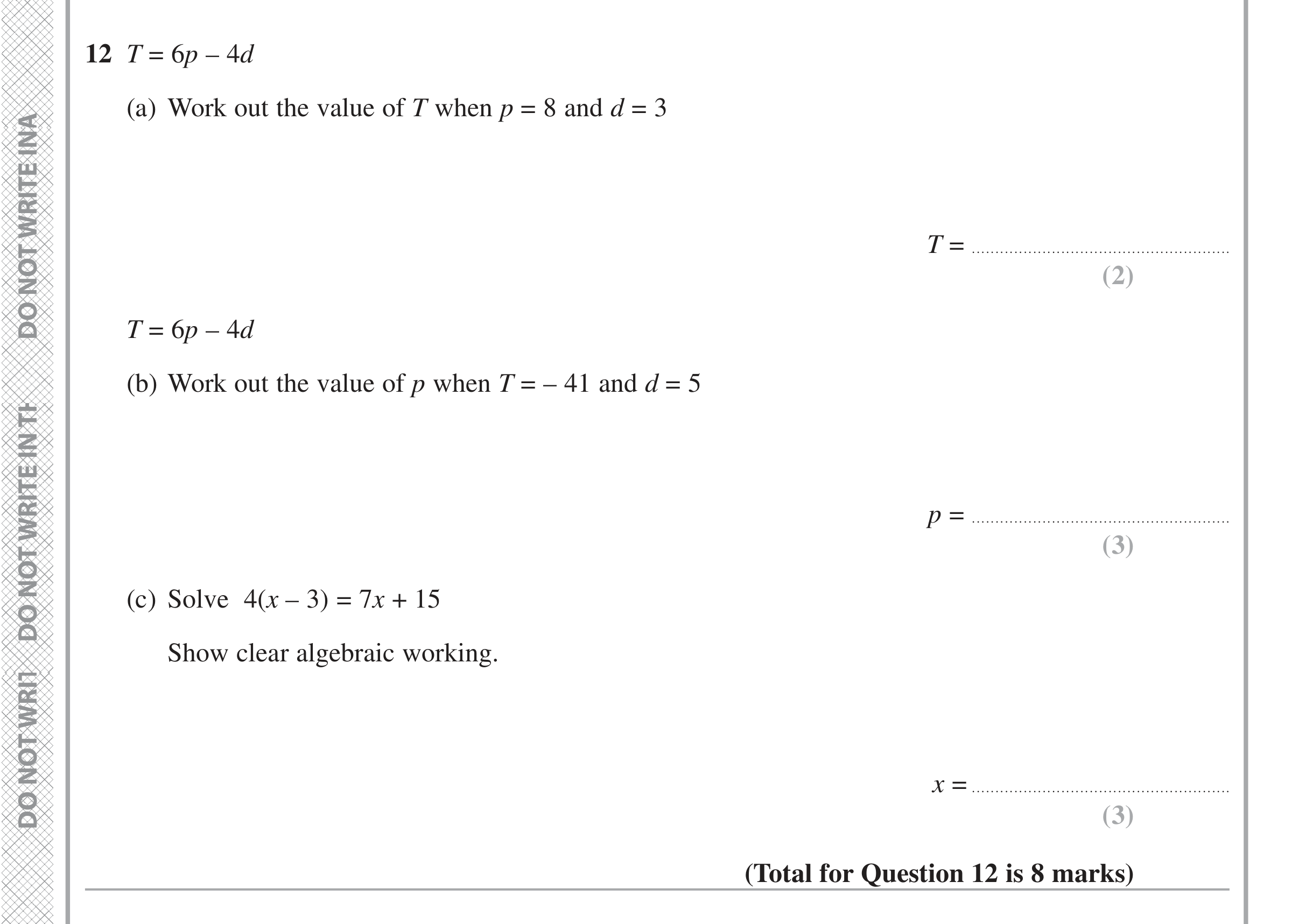 Question 12 — Formulae, Linear Equations — Edexcel iGCSE November 2021