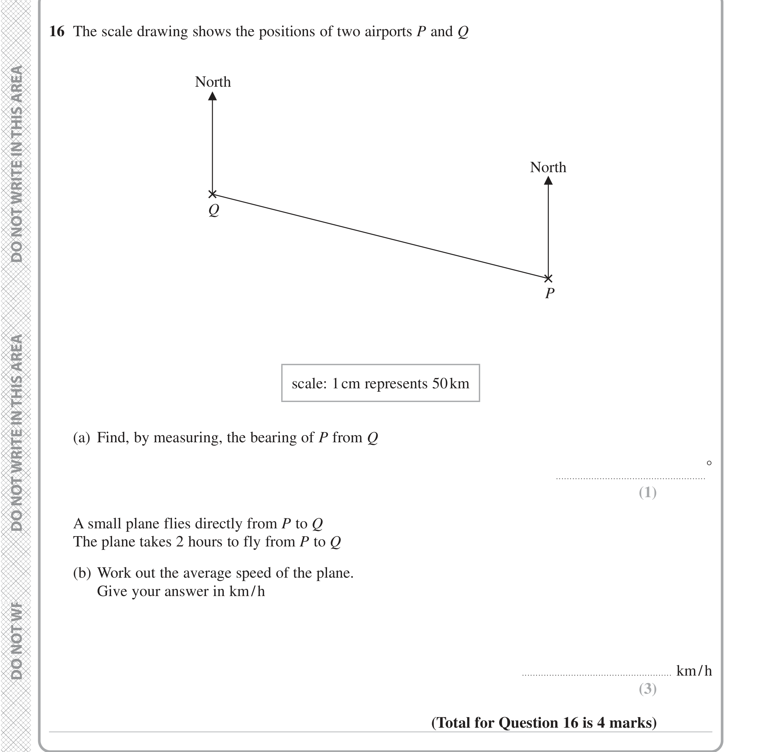 Question 16 — Bearings, Maps, Speed/Distance/Time/Density/Pressure — Edexcel iGCSE June 2023