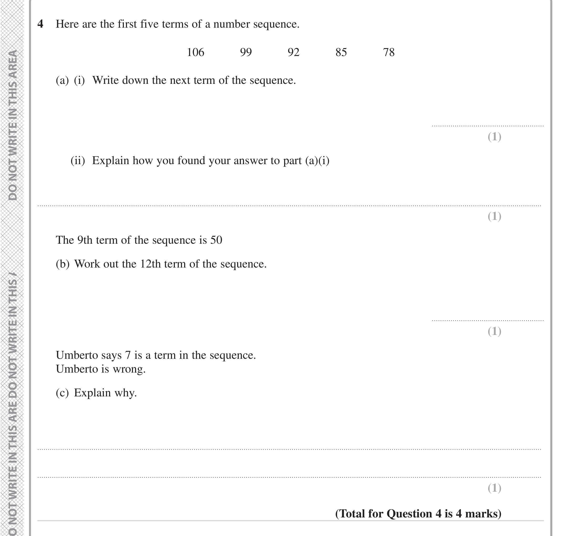 Question 4 — Sequences — Edexcel iGCSE June 2024