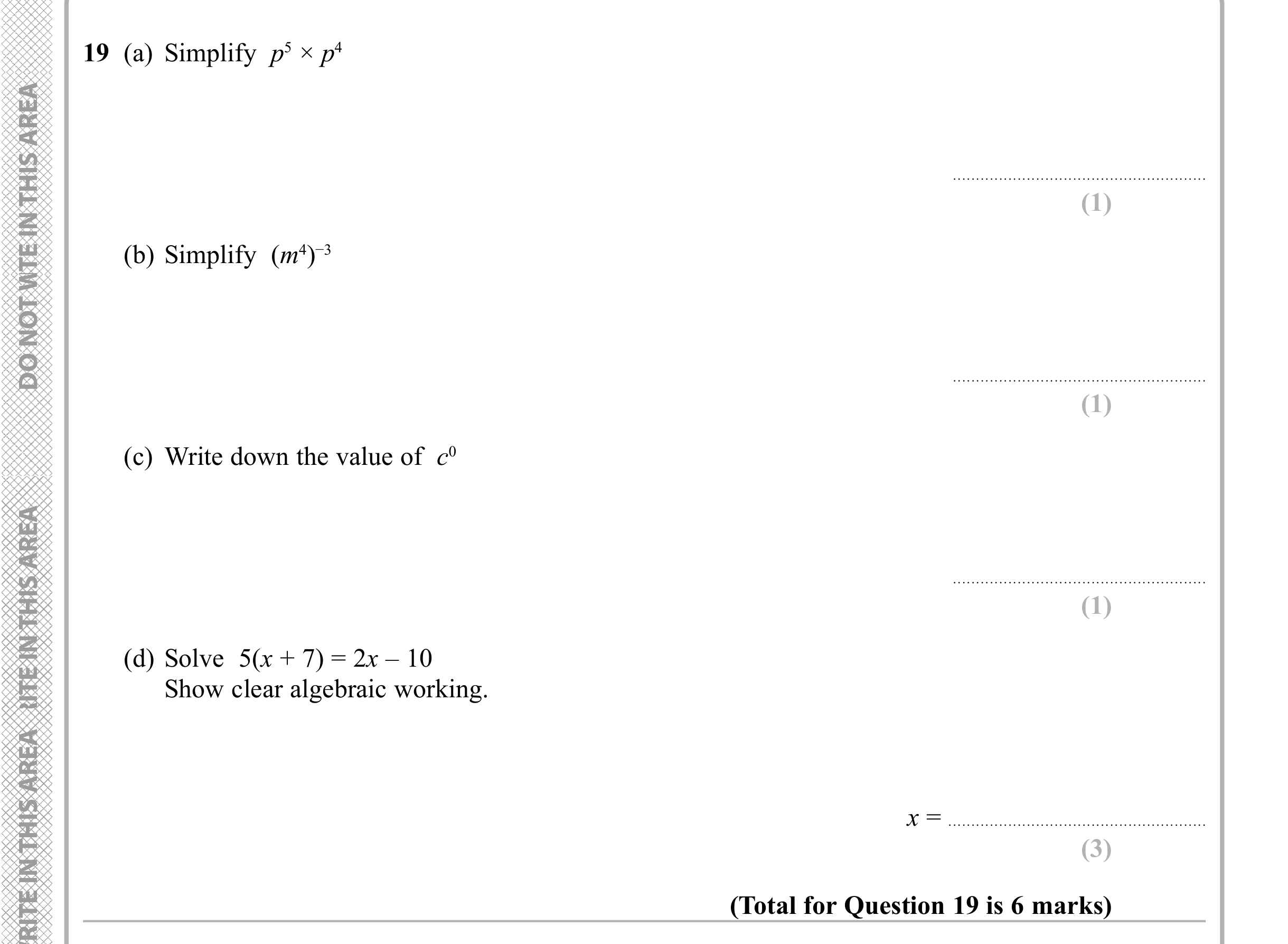 Question 19 — Powers, Linear Equations — Edexcel iGCSE Sample Paper