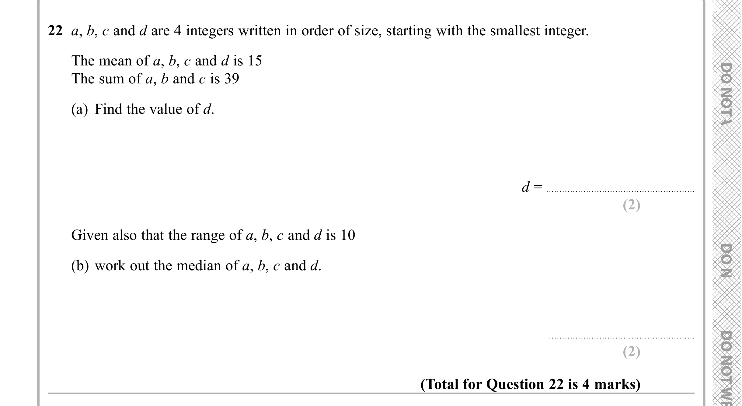 Question 22 — Mean/Median/Mode/Range — Edexcel iGCSE Sample Paper