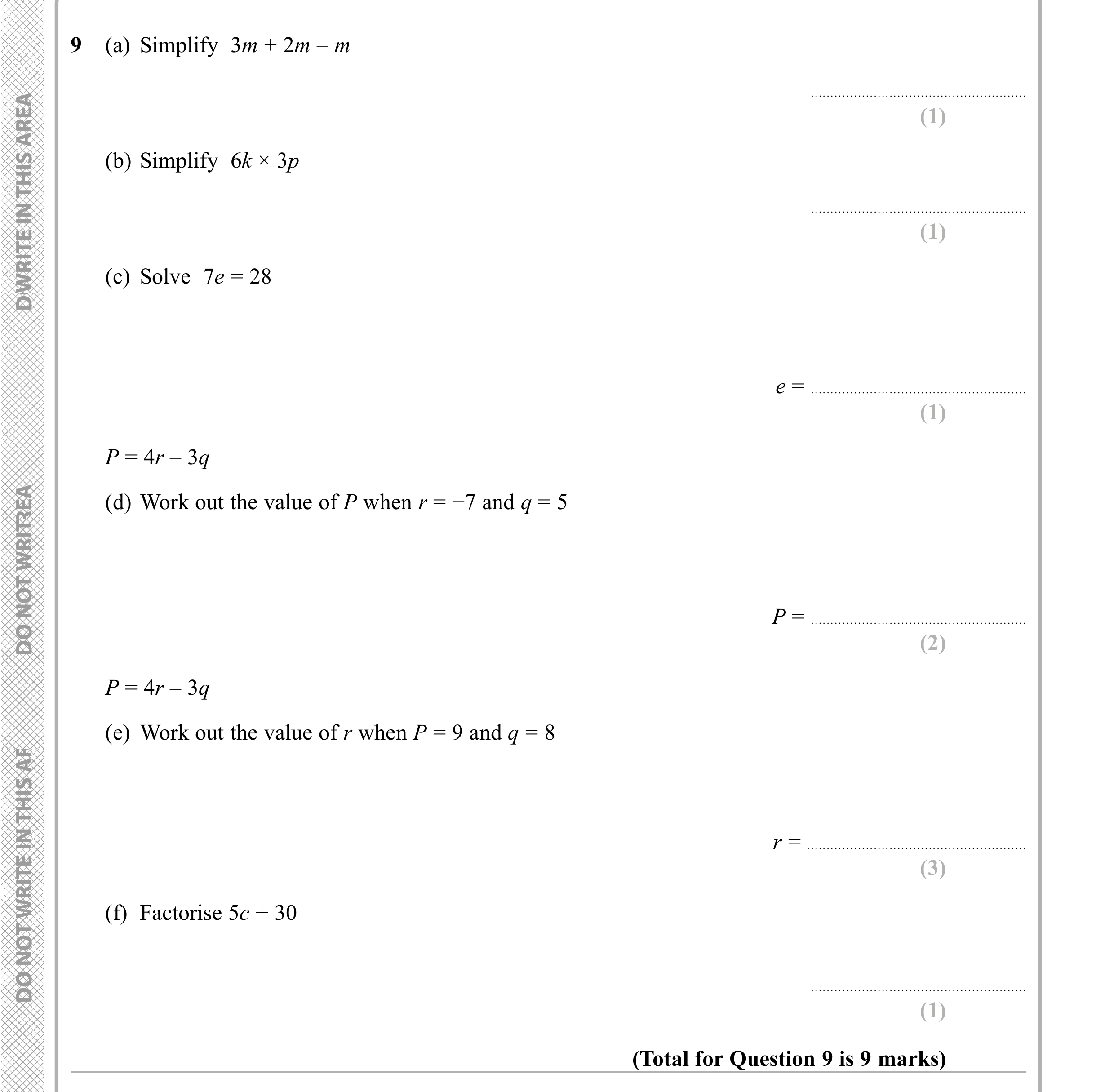 Question 9 — Factorise/Expand/Simplify, Linear Equations, Formulae — Edexcel iGCSE Sample Paper