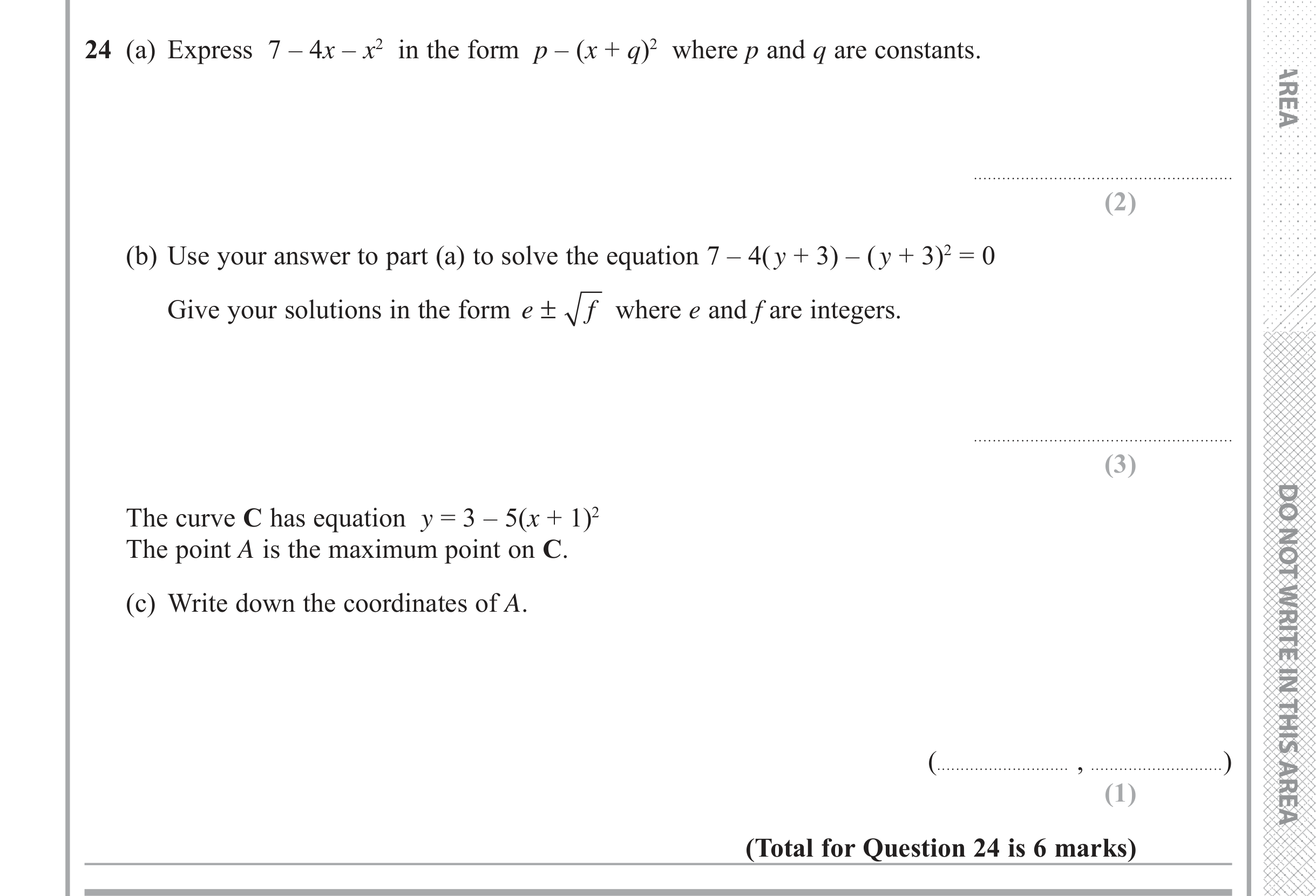 Question 24 — Quadratic Equations — Edexcel iGCSE June 2018