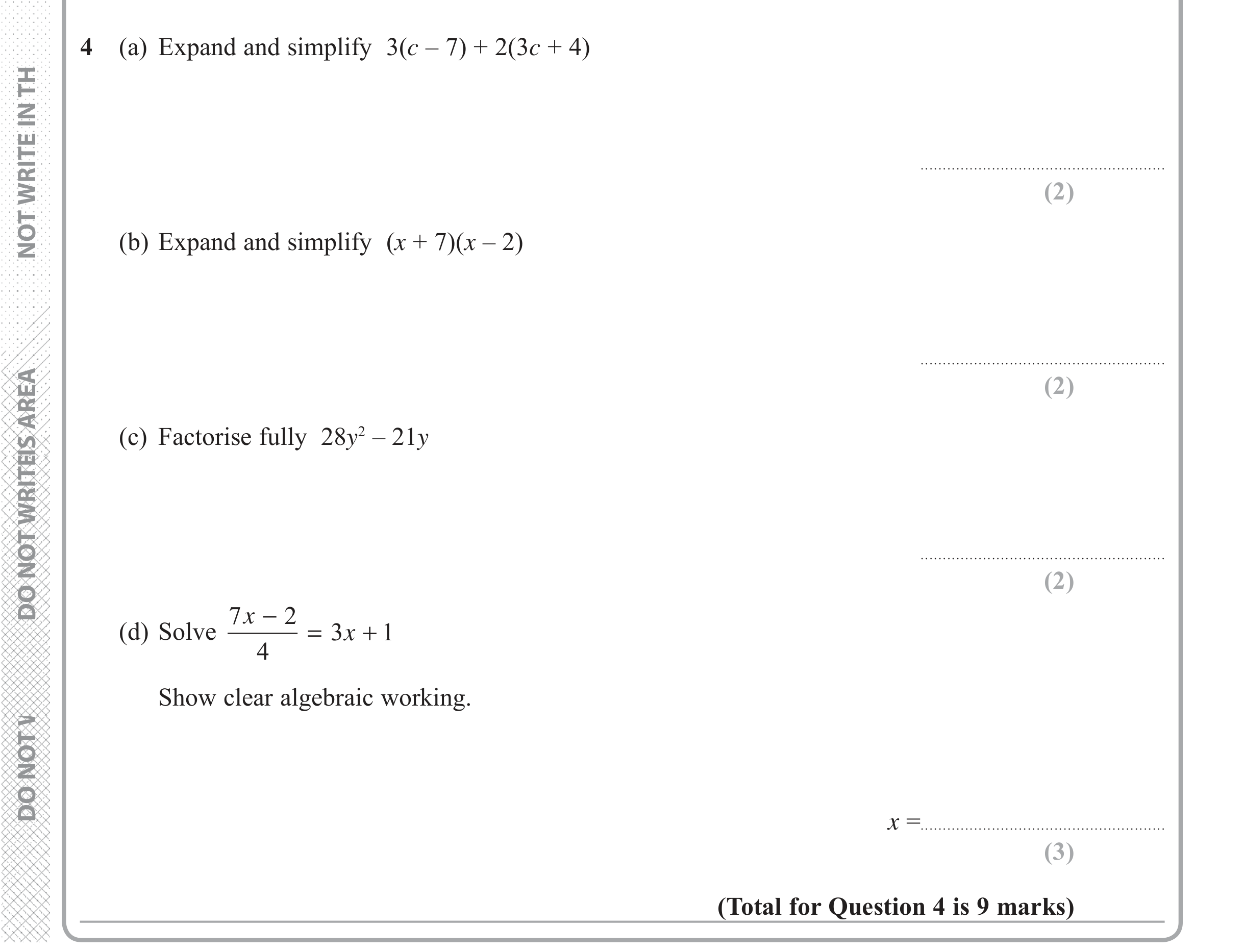 Question 4 — Factorise/Expand/Simplify, Linear Equations — Edexcel iGCSE June 2018