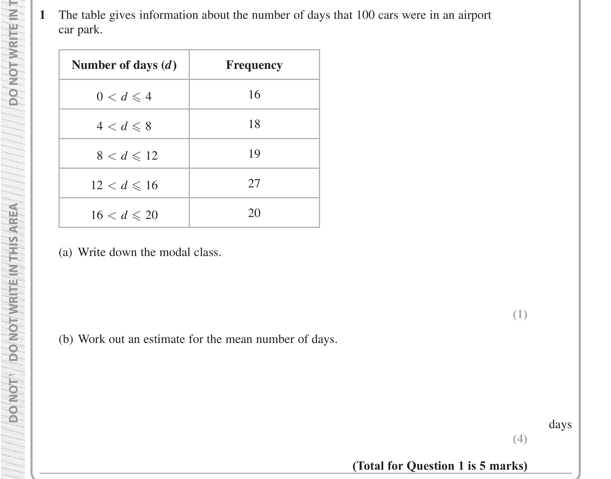 Question 1 — Frequency Tables — Edexcel iGCSE Jan 2019