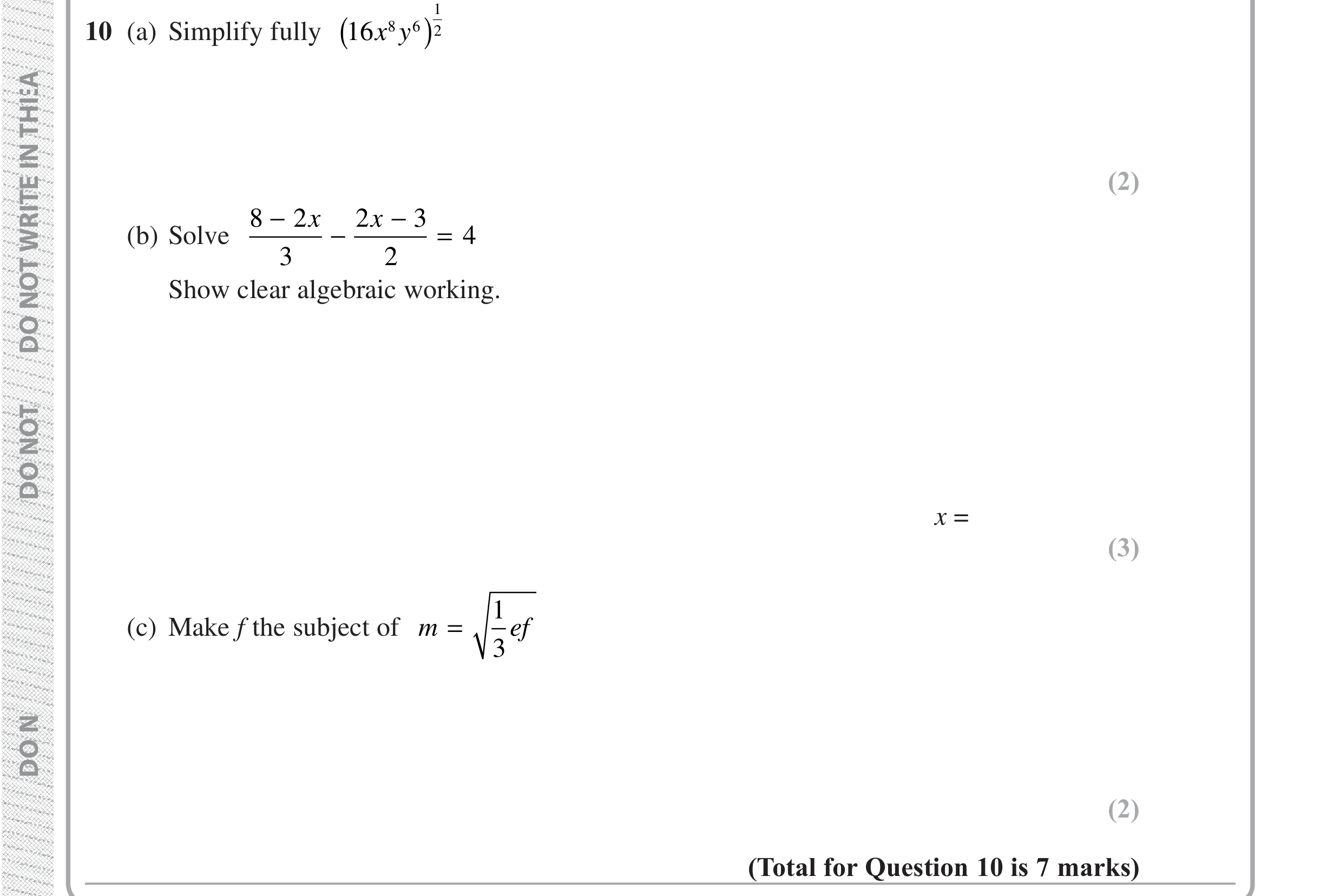 Question 10 — Powers, Linear Equations, Formulae — Edexcel iGCSE Jan 2019