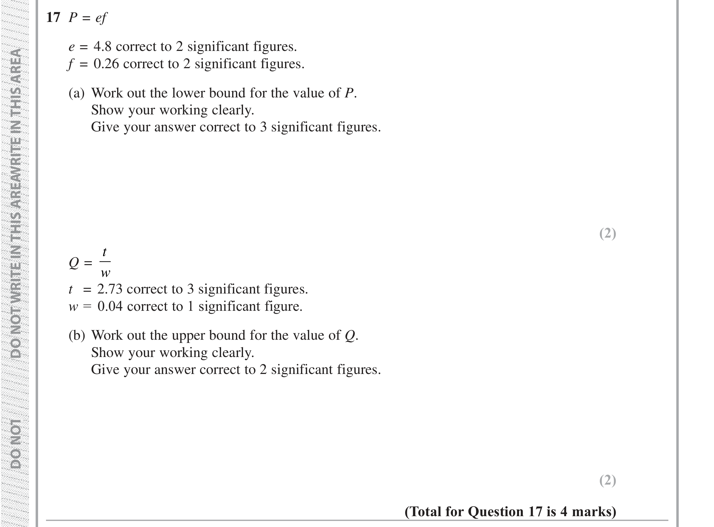 Question 17 — Upper/Lower Bounds — Edexcel iGCSE Jan 2019