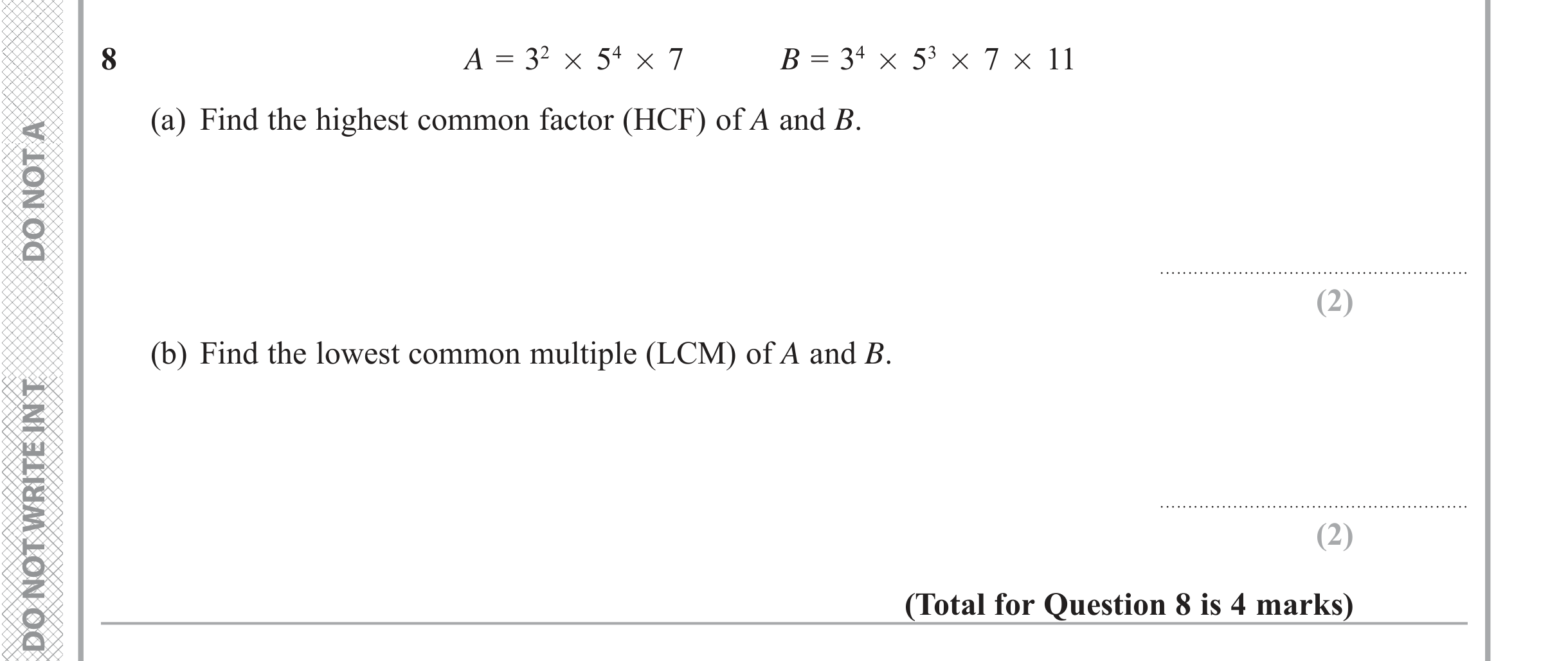 Question 8 — HCF and LCM — Edexcel iGCSE June 2019