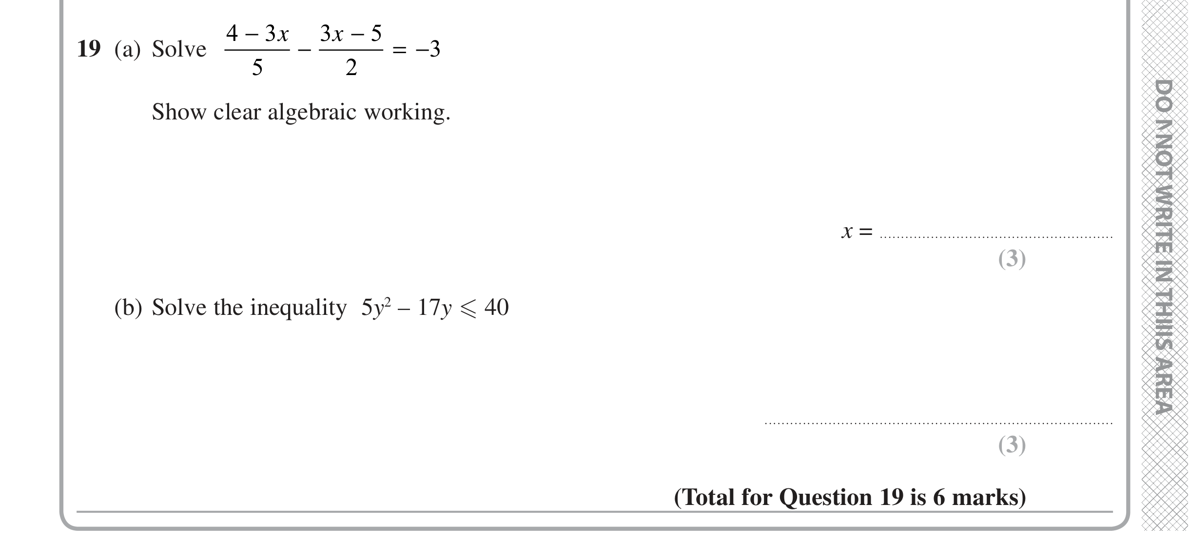 Question 19 — Linear Equations, Quadratic Inequalities — Edexcel iGCSE Jan 2020