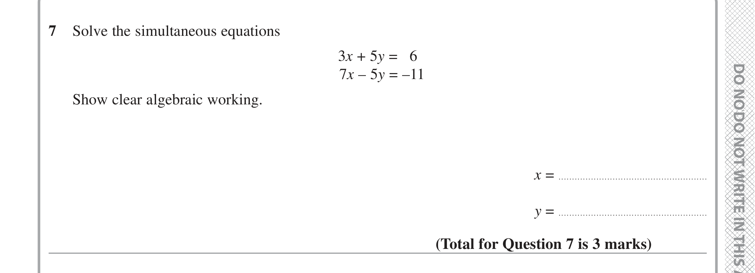 Question 7 — Simultaneous Equations — Edexcel iGCSE Jan 2020