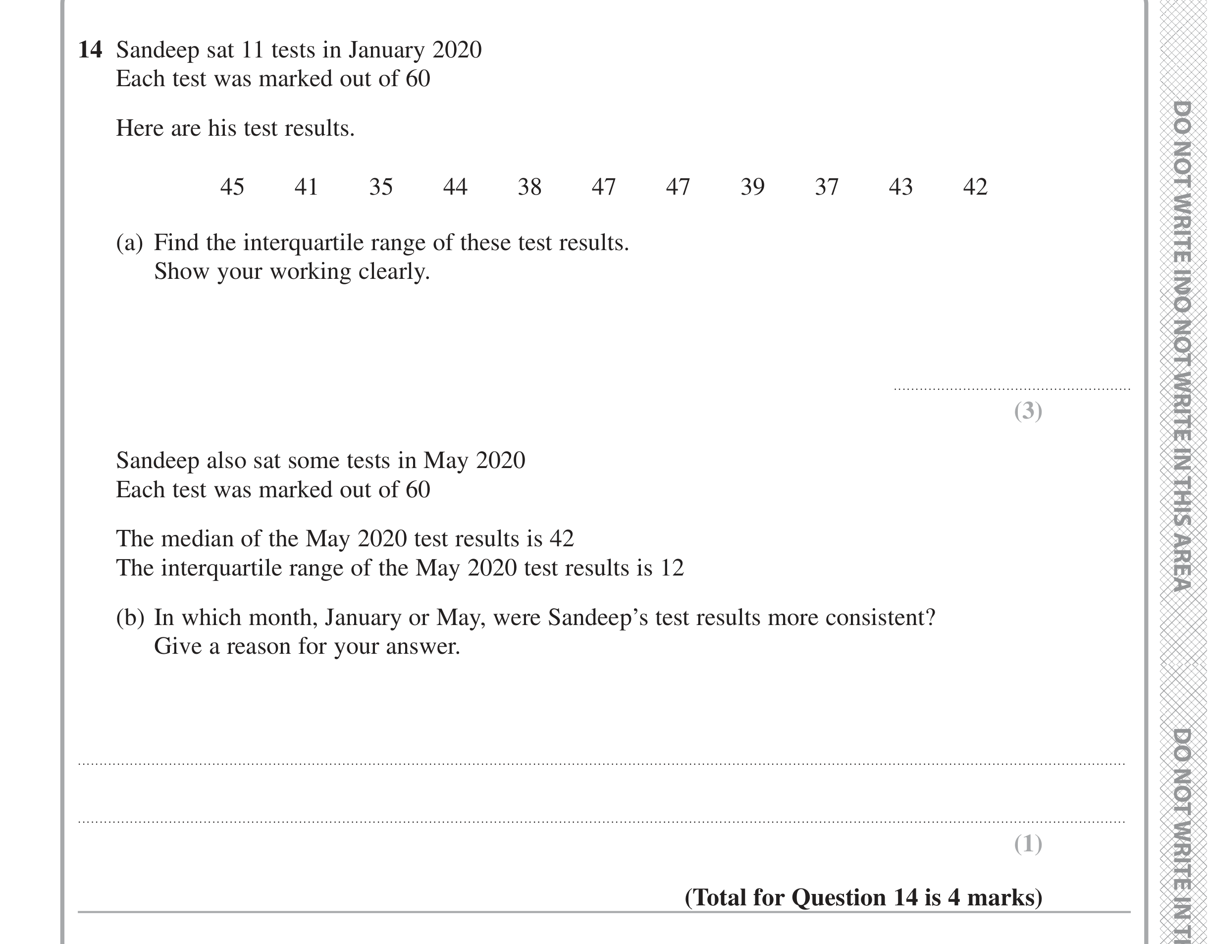 Question 14 — Mean/Median/Mode/Range — Edexcel iGCSE June 2020
