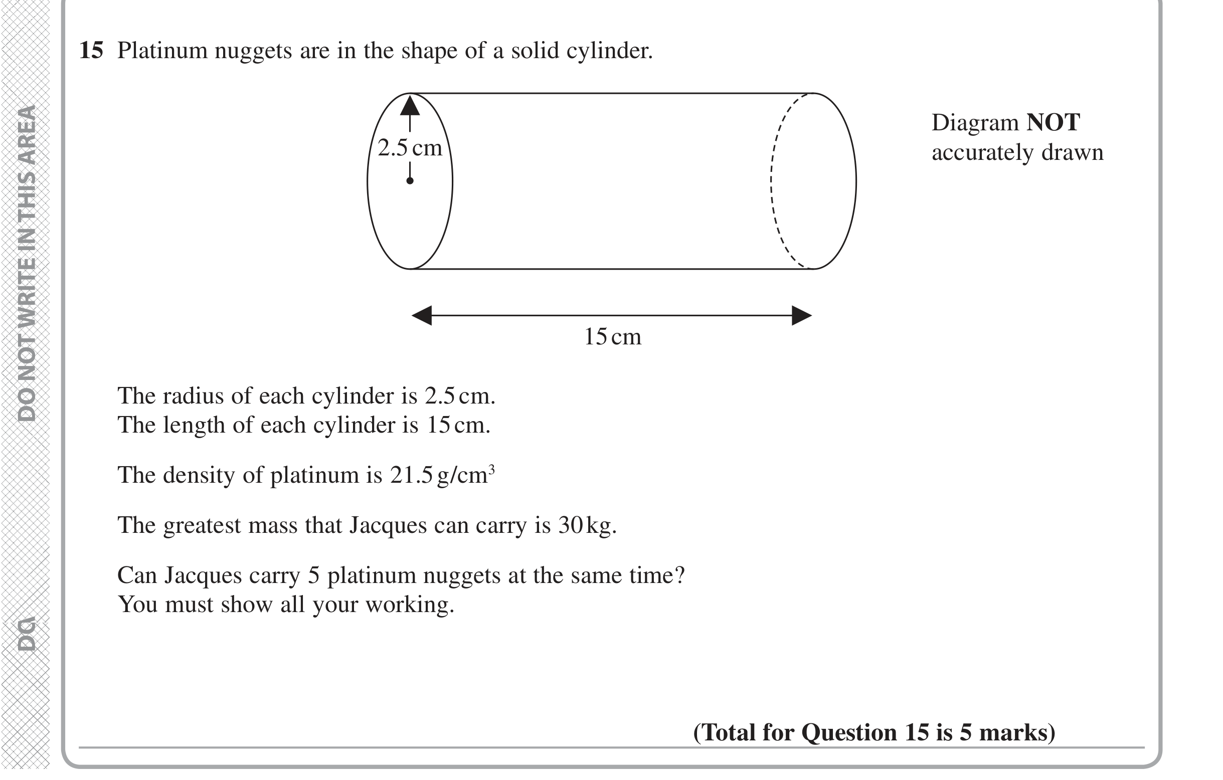 Question 15 — 3D Shapes and Volume, Speed/Distance/Time/Density/Pressure — Edexcel iGCSE June 2020