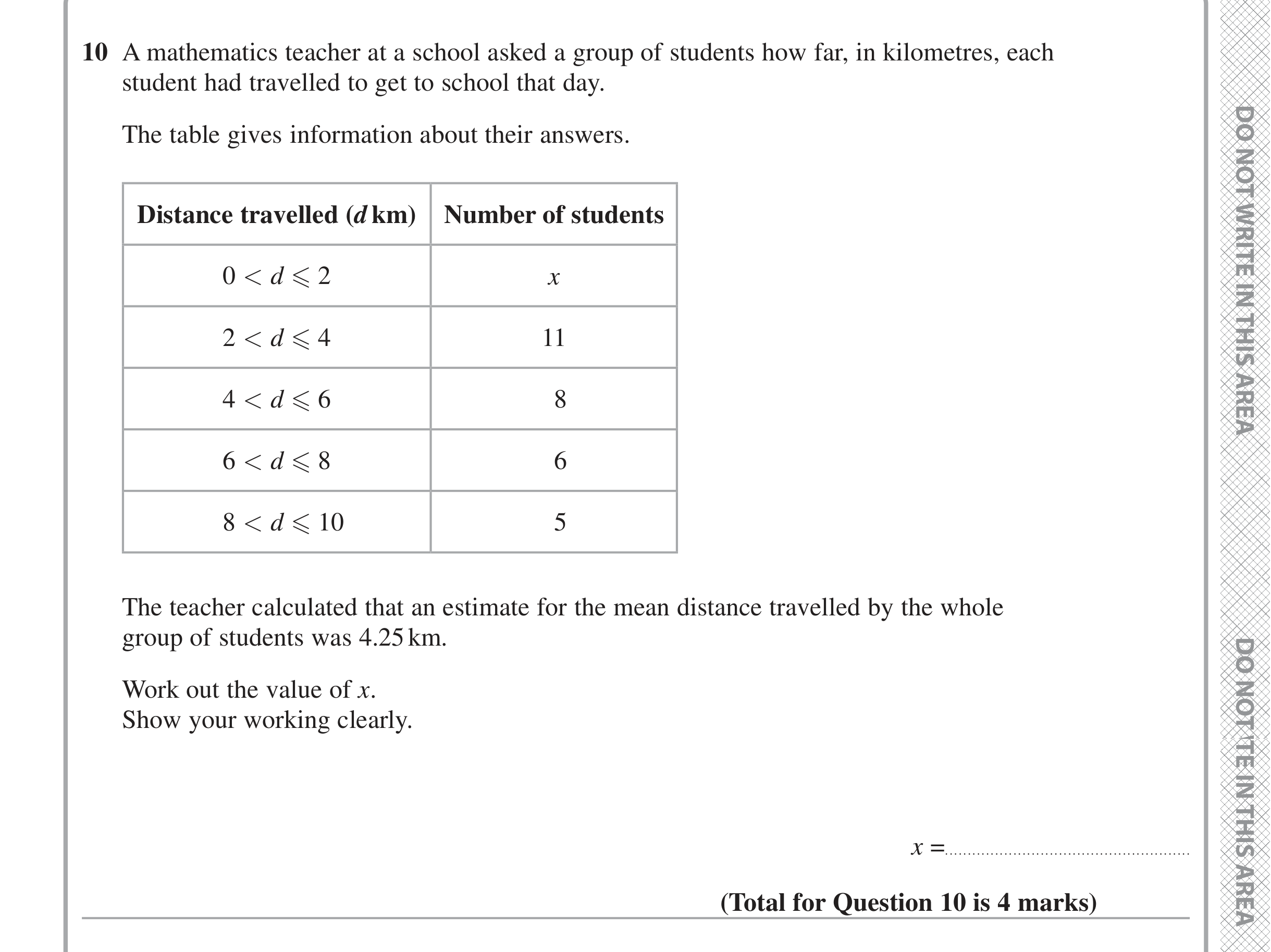 Question 10 — Frequency Tables — Edexcel iGCSE Jan 2021