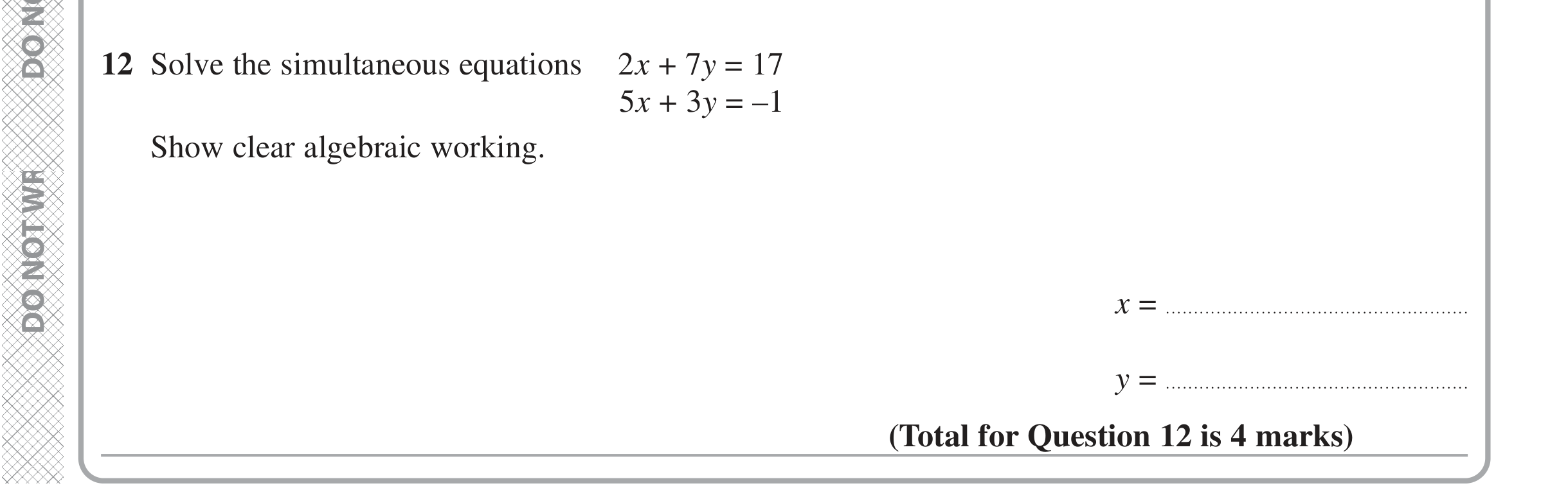 Question 12 — Simultaneous Equations — Edexcel iGCSE Jan 2021